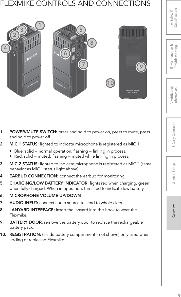 91. Overview 2. Initial Set-up 3. DaiIy Operation 4. Additional Information5. Maintenance &amp; Troubleshooting6. Safety &amp; SpeciﬁcationsFLEXMIKE CONTROLS AND CONNECTIONS1.  POWER/MUTE SWITCH: press and hold to power on, press to mute, press and hold to power off.2.  MIC 1 STATUS: lighted to indicate microphone is registered as MIC 1.•  Blue: solid = normal operation; ﬂashing = linking in process.•  Red: solid = muted; ﬂashing = muted while linking in process.3.  MIC 2 STATUS: lighted to indicate microphone is registered as MIC 2 (same behavior as MIC 1 status light above).4.  EARBUD CONNECTION: connect the earbud for monitoring.5.  CHARGING/LOW BATTERY INDICATOR: lights red when charging, green when fully charged. When in operation, turns red to indicate low battery.6.  MICROPHONE VOLUME UP/DOWN7.  AUDIO INPUT: connect audio source to send to whole class.8.  LANYARD INTERFACE: insert the lanyard into this hook to wear the Flexmike.9.  BATTERY DOOR: remove the battery door to replace the rechargeable battery pack.10.  REGISTRATION: (inside battery compartment - not shown) only used when adding or replacing Flexmike.11098765432