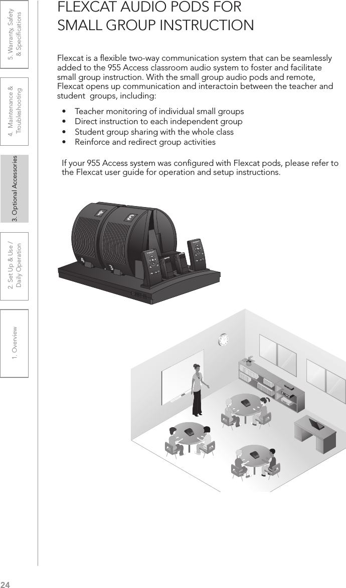 241. Overview 2. Set Up &amp; Use /Daily Operation 3. Optional Accessories 4.  Maintenance &amp; Troubleshooting5. Warranty, Safety  &amp; SpeciﬁcationsFLEXCAT AUDIO PODS FOR SMALL GROUP INSTRUCTIONFlexcat is a ﬂexible two-way communication system that can be seamlessly added to the 955 Access classroom audio system to foster and facilitate small group instruction. With the small group audio pods and remote, Flexcat opens up communication and interactoin between the teacher and student  groups, including:•  Teacher monitoring of individual small groups•  Direct instruction to each independent group•  Student group sharing with the whole class•  Reinforce and redirect group activitiesIf your 955 Access system was conﬁgured with Flexcat pods, please refer to the Flexcat user guide for operation and setup instructions.4433