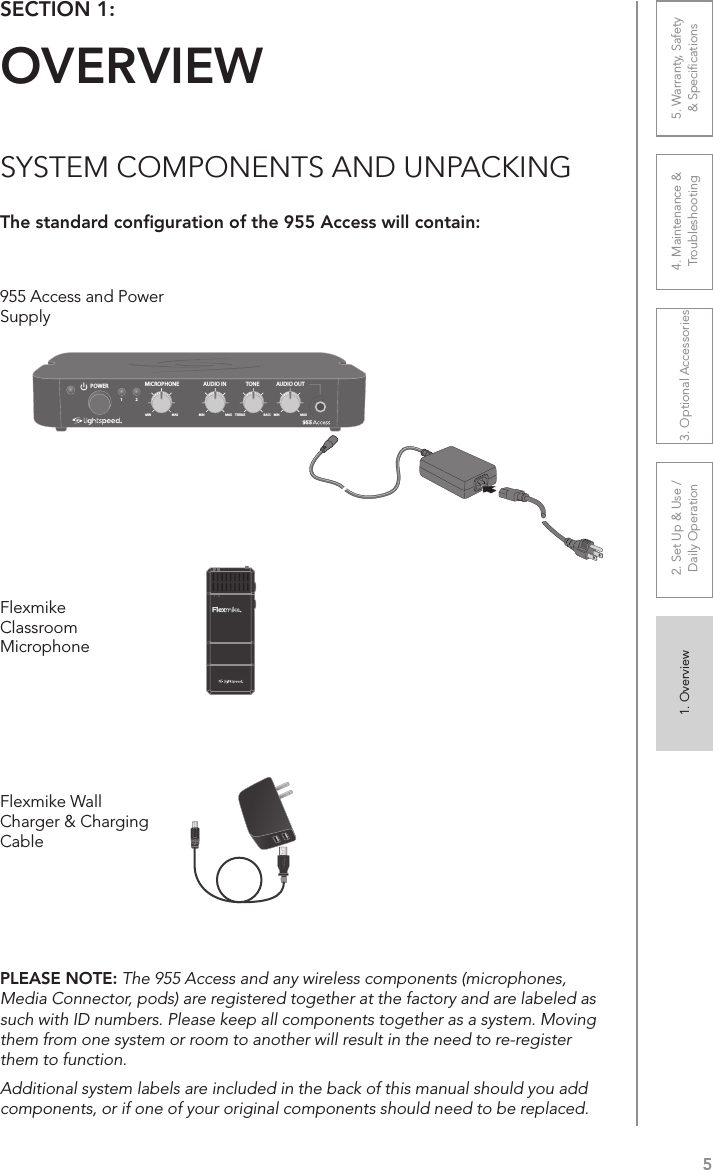 51. Overview 2. Set Up &amp; Use /Daily Operation 3. Optional Accessories 4. Maintenance &amp; Troubleshooting5. Warranty, Safety  &amp; SpeciﬁcationsSECTION 1:  OVERVIEWSYSTEM COMPONENTS AND UNPACKINGThe standard conﬁguration of the 955 Access will contain:Flexmike Wall Charger &amp; Charging CableFlexmike Classroom Microphone1     2AUDIO INMICROPHONE TONEPOWERMIN1MAX MIN MAX TREBLE BASS2AUDIO OUTMIN MAX955 Access and Power SupplyPLEASE NOTE: The 955 Access and any wireless components (microphones, Media Connector, pods) are registered together at the factory and are labeled as such with ID numbers. Please keep all components together as a system. Moving them from one system or room to another will result in the need to re-register them to function.Additional system labels are included in the back of this manual should you add components, or if one of your original components should need to be replaced.