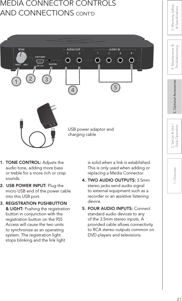 212. Set Up &amp; Use /Daily Operation 3. Optional Accessories1. Overview 4. Maintenance &amp; Troubleshooting5. Warranty, Safety  &amp; SpeciﬁcationsMEDIA CONNECTOR CONTROLS  AND CONNECTIONS CONT’D1.  TONE CONTROL: Adjusts the audio tone, adding more bass or treble for a more rich or crisp sounds.2.  USB POWER INPUT: Plug the micro USB end of the power cable into this USB port.3.  REGISTRATION PUSHBUTTON &amp; LIGHT: Pushing the registration button in conjunction with the registration button on the 955 Access will cause the two units to synchronize as an operating system. The registration light stops blinking and the link light is solid when a link is established. This is only used when adding or replacing a Media Connector.4.  TWO AUDIO OUTPUTS: 3.5mm stereo jacks send audio signal to external equipment such as a recorder or an assistive listening device.5.  FOUR AUDIO INPUTS: Connect standard audio devices to any of the 3.5mm stereo inputs. A provided cable allows connectivity to RCA stereo outputs common on DVD players and televisions.3241252USB power adaptor andcharging cable