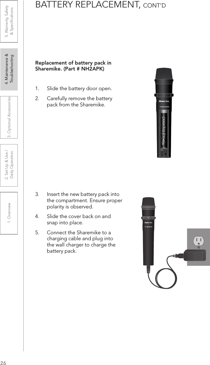 261. Overview 2. Set Up &amp; Use /Daily Operation 3. Optional Accessories 4. Maintenance &amp; Troubleshooting5. Warranty, Safety  &amp; SpeciﬁcationsBATTERY REPLACEMENT, CONT’DReplacement of battery pack in Sharemike. (Part # NH2APK)1.  Slide the battery door open. 2.  Carefully remove the battery pack from the Sharemike.3.  Insert the new battery pack into the compartment. Ensure proper polarity is observed.4.  Slide the cover back on and snap into place.5.  Connect the Sharemike to a charging cable and plug into the wall charger to charge the battery pack.