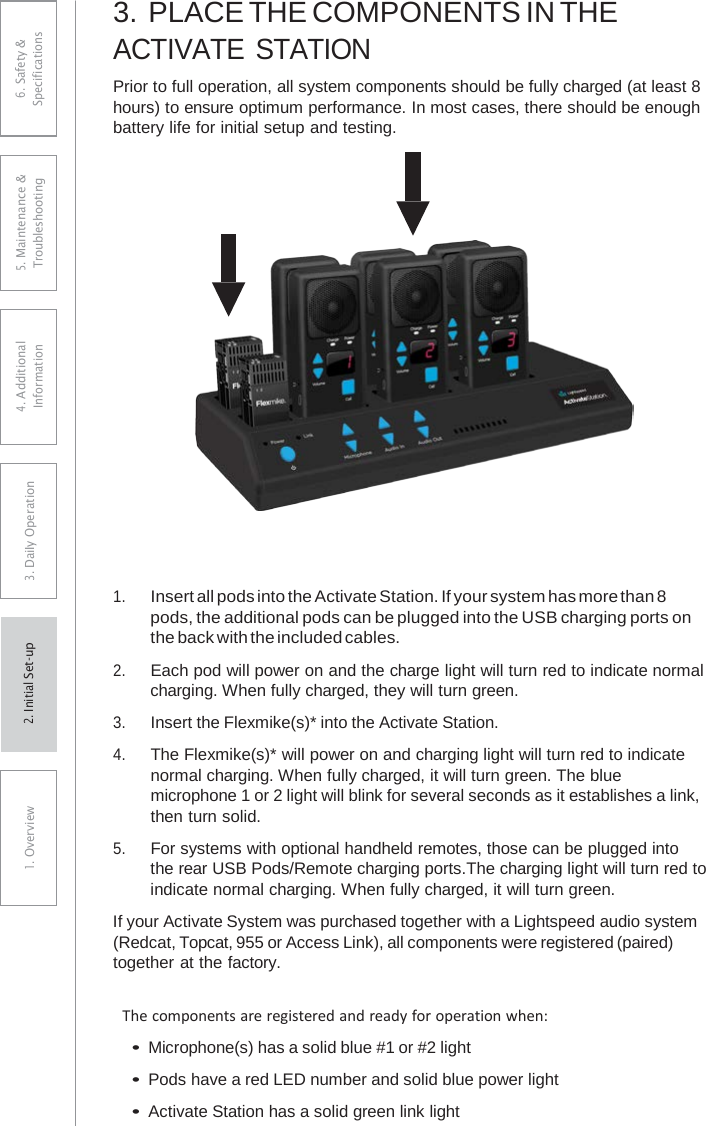 3. PLACE THE COMPONENTS IN THEACTIVATE STATION Prior to full operation, all system components should be fully charged (at least 8 hours) to ensure optimum performance. In most cases, there should be enough battery life for initial setup and testing. 1.Insert all pods into the Activate Station. If your system has more than 8pods, the additional pods can be plugged into the USB charging ports onthe back with the included cables.2.Each pod will power on and the charge light will turn red to indicate normalcharging. When fully charged, they will turn green.3.Insert the Flexmike(s)* into the Activate Station.4.The Flexmike(s)* will power on and charging light will turn red to indicatenormal charging. When fully charged, it will turn green. The bluemicrophone 1 or 2 light will blink for several seconds as it establishes a link,then turn solid.5.For systems with optional handheld remotes, those can be plugged intothe rear USB Pods/Remote charging ports.The charging light will turn red toindicate normal charging. When fully charged, it will turn green.If your Activate System was purchased together with a Lightspeed audio system (Redcat, Topcat, 955 or Access Link), all components were registered (paired) together at the factory. The components are registered and ready for operation when: •Microphone(s) has a solid blue #1 or #2 light•Pods have a red LED number and solid blue power light•Activate Station has a solid green link light6. Safety &amp; Specifications 5. Maintenance &amp; Troubleshooting 4. AdditionalInformation 3. DaiIy Operation1. Overview2. Initial Set-up