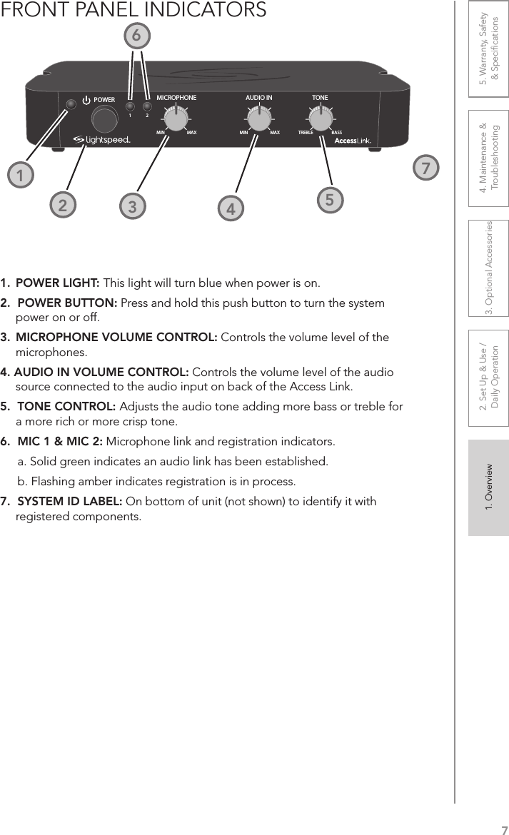 71. Overview 2. Set Up &amp; Use /Daily Operation 3. Optional Accessories 4. Maintenance &amp; Troubleshooting5. Warranty, Safety  &amp; SpeciﬁcationsFRONT PANEL INDICATORSAUDIO INMICROPHONE TONEPOWERMIN1MAX MIN MAX TREBLE BASS21.  POWER LIGHT: This light will turn blue when power is on.2.  POWER BUTTON: Press and hold this push button to turn the system power on or off. 3.  MICROPHONE VOLUME CONTROL: Controls the volume level of the microphones.4. AUDIO IN VOLUME CONTROL: Controls the volume level of the audio source connected to the audio input on back of the Access Link.5.  TONE CONTROL: Adjusts the audio tone adding more bass or treble for a more rich or more crisp tone.6.  MIC 1 &amp; MIC 2: Microphone link and registration indicators.a. Solid green indicates an audio link has been established.b. Flashing amber indicates registration is in process.7.  SYSTEM ID LABEL: On bottom of unit (not shown) to identify it with registered components.512423627