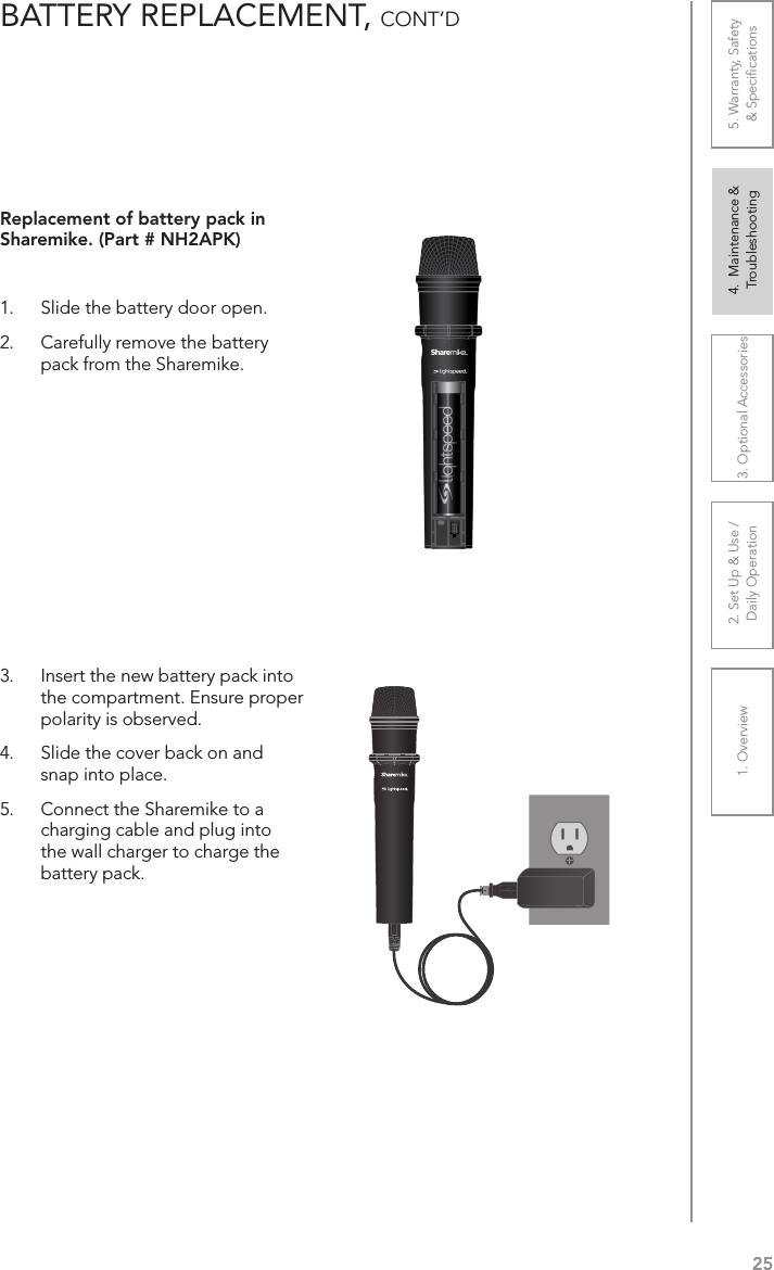 251. Overview 2. Set Up &amp; Use /Daily Operation 3. Optional Accessories 4.  Maintenance &amp; Troubleshooting5. Warranty, Safety  &amp; SpeciﬁcationsBATTERY REPLACEMENT, CONT’DReplacement of battery pack in Sharemike. (Part # NH2APK)1.  Slide the battery door open. 2.  Carefully remove the battery pack from the Sharemike.3.  Insert the new battery pack into the compartment. Ensure proper polarity is observed.4.  Slide the cover back on and snap into place.5.  Connect the Sharemike to a charging cable and plug into the wall charger to charge the battery pack.