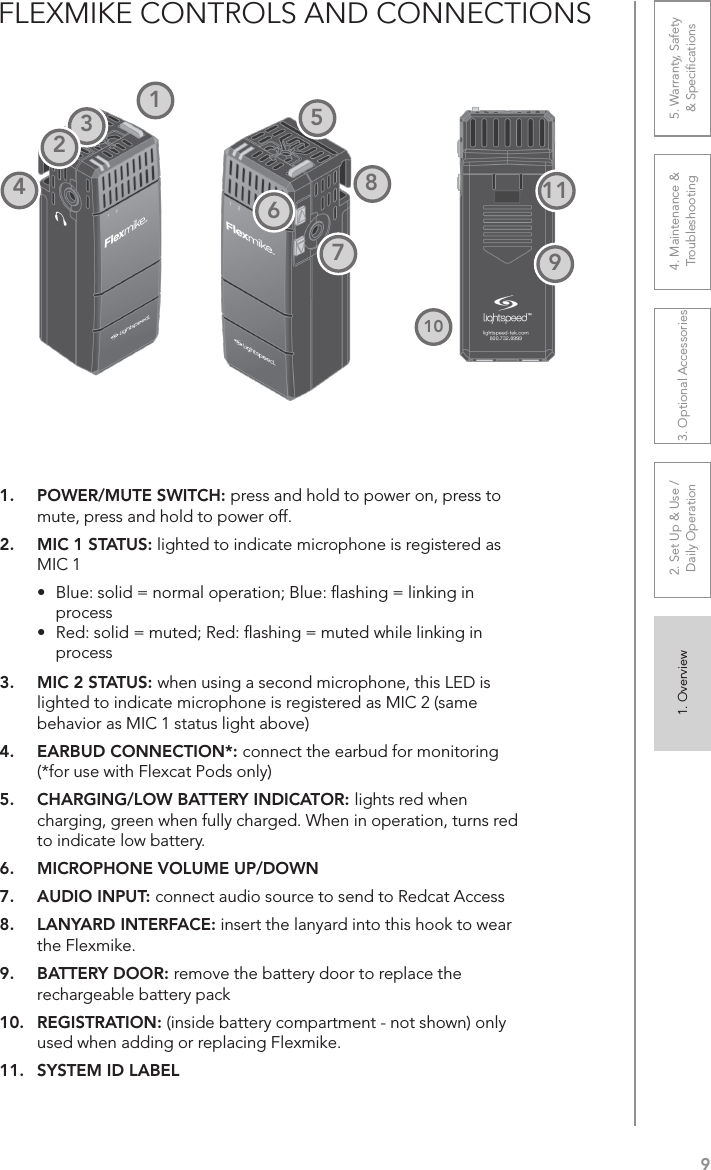 91. Overview 2. Set Up &amp; Use /Daily Operation 3. Optional Accessories 4. Maintenance &amp; Troubleshooting5. Warranty, Safety  &amp; SpeciﬁcationsFLEXMIKE CONTROLS AND CONNECTIONS1.  POWER/MUTE SWITCH: press and hold to power on, press to mute, press and hold to power off.2.  MIC 1 STATUS: lighted to indicate microphone is registered as MIC 1•  Blue: solid = normal operation; Blue: ﬂashing = linking in process•  Red: solid = muted; Red: ﬂashing = muted while linking in process3.  MIC 2 STATUS: when using a second microphone, this LED is lighted to indicate microphone is registered as MIC 2 (same behavior as MIC 1 status light above)4.  EARBUD CONNECTION*: connect the earbud for monitoring (*for use with Flexcat Pods only)5.  CHARGING/LOW BATTERY INDICATOR: lights red when charging, green when fully charged. When in operation, turns red to indicate low battery.6.  MICROPHONE VOLUME UP/DOWN7.  AUDIO INPUT: connect audio source to send to Redcat Access8.  LANYARD INTERFACE: insert the lanyard into this hook to wear the Flexmike.9.  BATTERY DOOR: remove the battery door to replace the rechargeable battery pack10.  REGISTRATION: (inside battery compartment - not shown) only used when adding or replacing Flexmike.11.  SYSTEM ID LABEL1109876543211