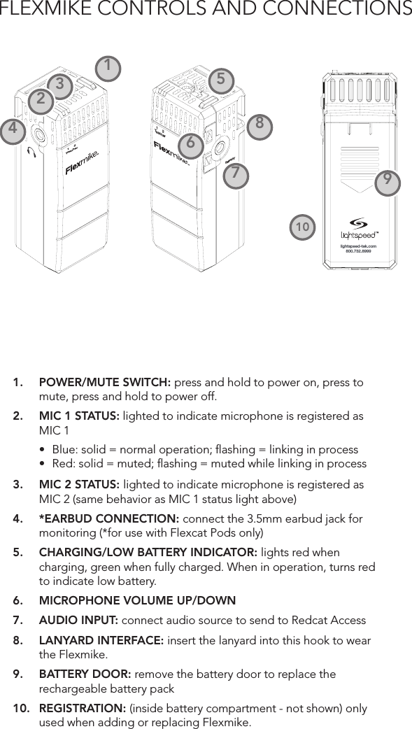 FLEXMIKE CONTROLS AND CONNECTIONS1     2TeacherINPUTlightspeed-tek.com800.732.89991     2Teacher1     2TeacherINPUTVOL1     2TeacherINPUTlightspeed-tek.com800.732.89991     2Teacher1     2TeacherINPUTVOL1.  POWER/MUTE SWITCH: press and hold to power on, press to mute, press and hold to power off.2.  MIC 1 STATUS: lighted to indicate microphone is registered as MIC 1• Blue: solid = normal operation; ﬂashing = linking in process• Red: solid = muted; ﬂashing = muted while linking in process3.  MIC 2 STATUS: lighted to indicate microphone is registered as MIC 2 (same behavior as MIC 1 status light above)4.  *EARBUD CONNECTION: connect the 3.5mm earbud jack for monitoring (*for use with Flexcat Pods only)5.  CHARGING/LOW BATTERY INDICATOR: lights red when charging, green when fully charged. When in operation, turns red to indicate low battery.6.  MICROPHONE VOLUME UP/DOWN7.  AUDIO INPUT: connect audio source to send to Redcat Access8.  LANYARD INTERFACE: insert the lanyard into this hook to wear the Flexmike.9.  BATTERY DOOR: remove the battery door to replace the rechargeable battery pack10.  REGISTRATION: (inside battery compartment - not shown) only used when adding or replacing Flexmike.1     2TeacherINPUTlightspeed-tek.com800.732.89991     2Teacher1     2TeacherINPUTVOL11098765432