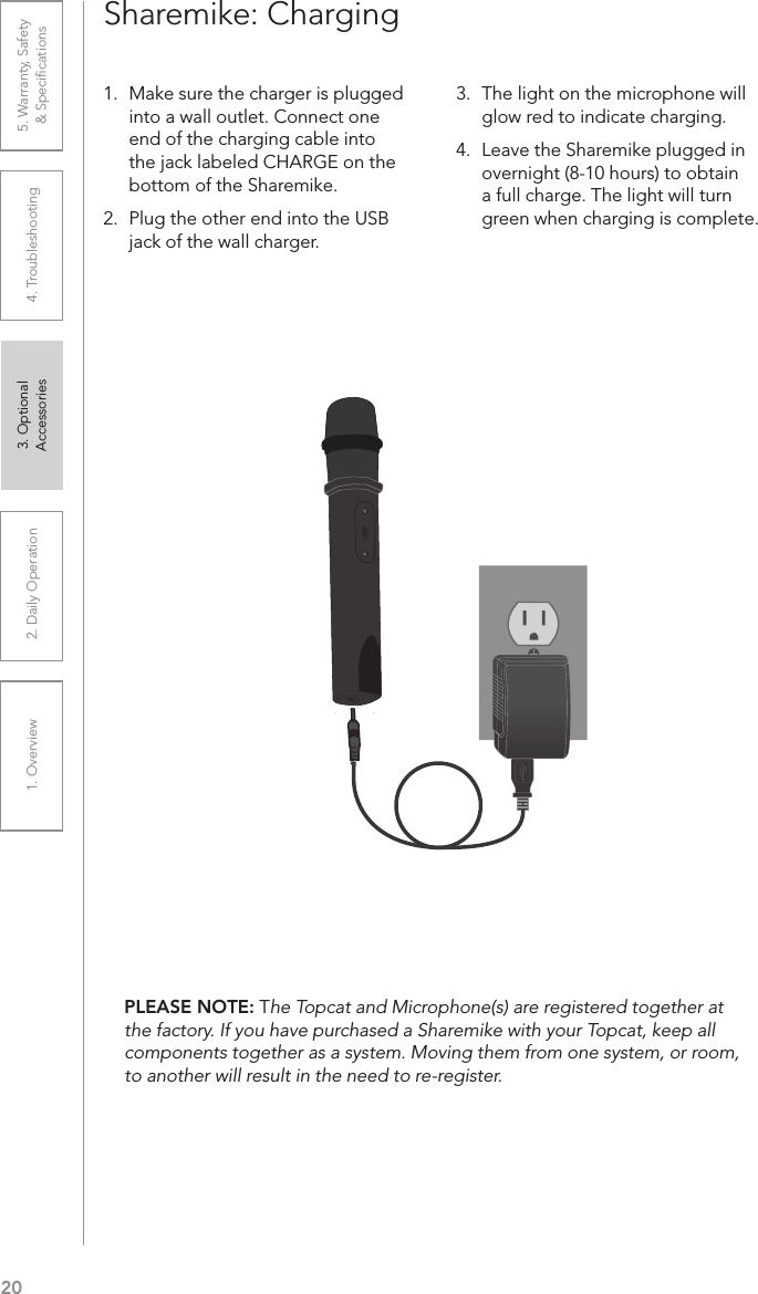 201. Overview 2. Daily Operation 3. Optional  Accessories 4. Troubleshooting 5. Warranty, Safety  &amp; Speciﬁcations1.  Make sure the charger is plugged into a wall outlet. Connect one end of the charging cable into the jack labeled CHARGE on the bottom of the Sharemike. 2.  Plug the other end into the USB jack of the wall charger.3.  The light on the microphone will glow red to indicate charging.4.  Leave the Sharemike plugged in overnight (8-10 hours) to obtain a full charge. The light will turn green when charging is complete.Sharemike: ChargingPLEASE NOTE: The Topcat and Microphone(s) are registered together at the factory. If you have purchased a Sharemike with your Topcat, keep all components together as a system. Moving them from one system, or room, to another will result in the need to re-register.