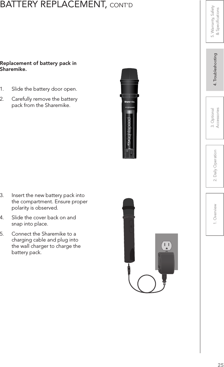 251. Overview 2. Daily Operation 3. Optional  Accessories 4. Troubleshooting 5. Warranty, Safety  &amp; SpeciﬁcationsBATTERY REPLACEMENT, CONT’DReplacement of battery pack in Sharemike.1.  Slide the battery door open. 2.  Carefully remove the battery pack from the Sharemike.3.  Insert the new battery pack into the compartment. Ensure proper polarity is observed.4.  Slide the cover back on and snap into place.5.  Connect the Sharemike to a charging cable and plug into the wall charger to charge the battery pack.