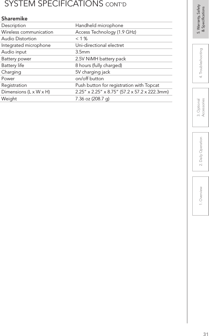 311. Overview 2. Daily Operation 3. Optional  Accessories 4. Troubleshooting 5. Warranty, Safety  &amp; SpeciﬁcationsSYSTEM SPECIFICATIONS CONT’DSharemikeDescription Handheld microphoneWireless communication Access Technology (1.9 GHz)Audio Distortion &lt; 1 %Integrated microphone Uni-directional electretAudio input 3.5mmBattery power 2.5V NiMH battery packBattery life 8 hours (fully charged)Charging 5V charging jackPower on/off buttonRegistration Push button for registration with TopcatDimensions (L x W x H) 2.25” x 2.25” x 8.75” (57.2 x 57.2 x 222.3mm)Weight 7.36 oz (208.7 g)
