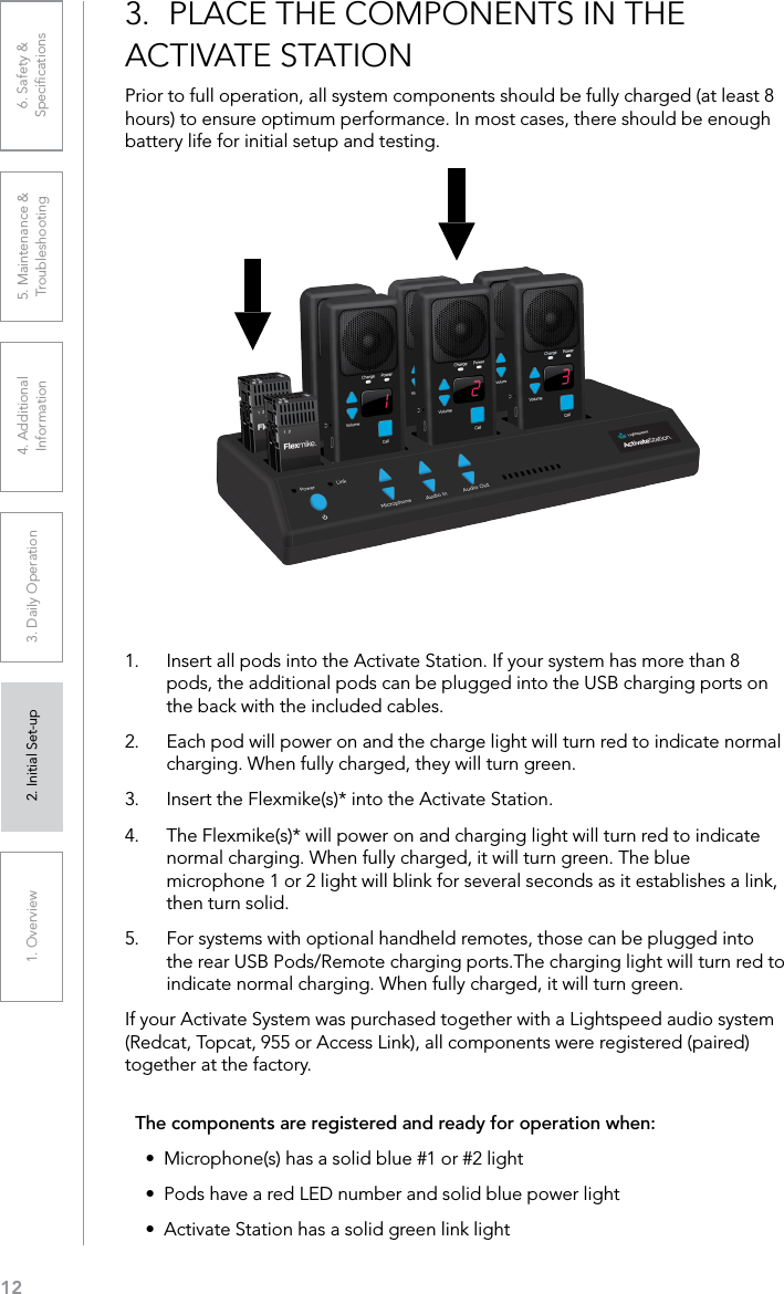 121. Overview 2. Initial Set-up 3. DaiIy Operation 4. Additional Information5. Maintenance &amp; Troubleshooting6. Safety &amp; Speciﬁcations1.  Insert all pods into the Activate Station. If your system has more than 8 pods, the additional pods can be plugged into the USB charging ports on the back with the included cables. 2.  Each pod will power on and the charge light will turn red to indicate normal charging. When fully charged, they will turn green. 3.  Insert the Flexmike(s)* into the Activate Station. 4.  The Flexmike(s)* will power on and charging light will turn red to indicate normal charging. When fully charged, it will turn green. The blue microphone 1 or 2 light will blink for several seconds as it establishes a link, then turn solid. 5.  For systems with optional handheld remotes, those can be plugged into the rear USB Pods/Remote charging ports.The charging light will turn red to indicate normal charging. When fully charged, it will turn green.If your Activate System was purchased together with a Lightspeed audio system (Redcat, Topcat, 955 or Access Link), all components were registered (paired) together at the factory. The components are registered and ready for operation when:•  Microphone(s) has a solid blue #1 or #2 light •  Pods have a red LED number and solid blue power light•  Activate Station has a solid green link light3.  PLACE THE COMPONENTS IN THE ACTIVATE STATIONPrior to full operation, all system components should be fully charged (at least 8 hours) to ensure optimum performance. In most cases, there should be enough battery life for initial setup and testing.