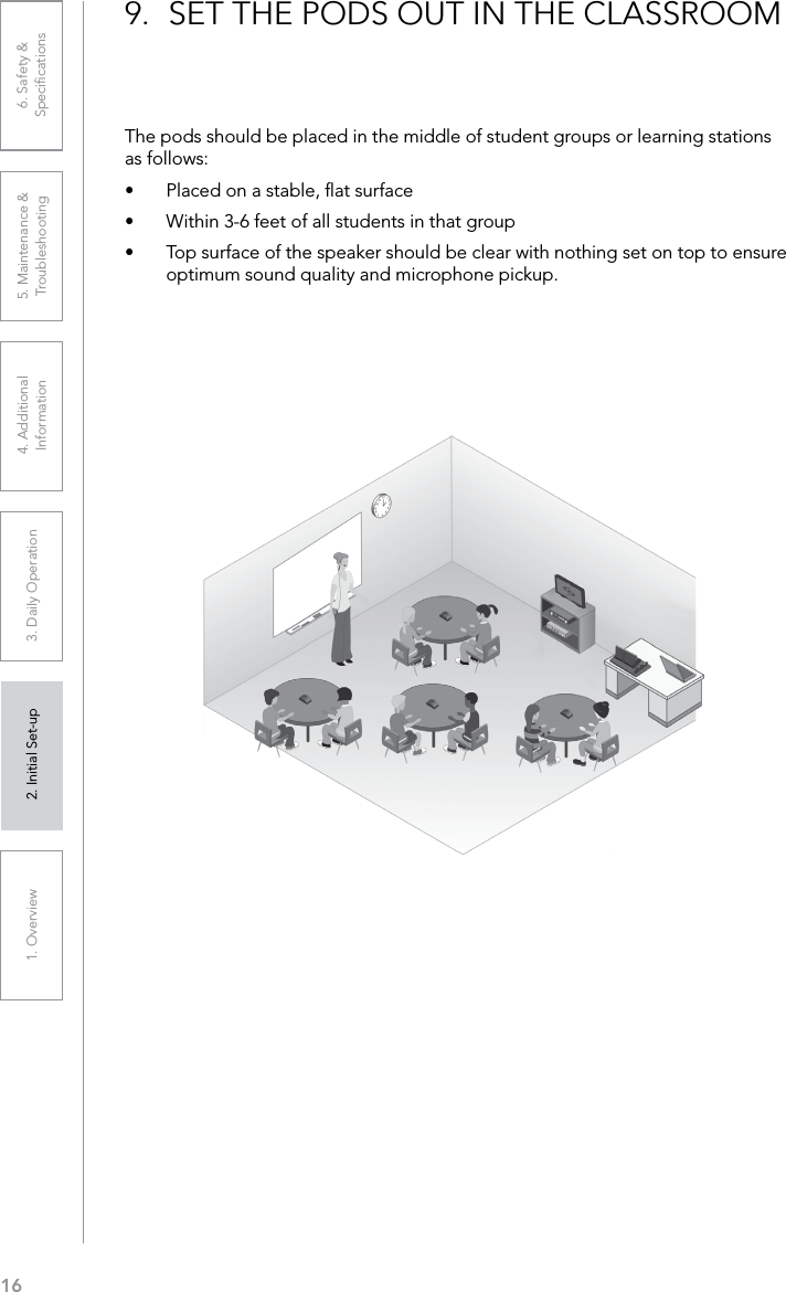 161. Overview 2. Initial Set-up 3. DaiIy Operation 4. Additional Information5. Maintenance &amp; Troubleshooting6. Safety &amp; SpeciﬁcationsThe pods should be placed in the middle of student groups or learning stations as follows:•  Placed on a stable, ﬂat surface•  Within 3-6 feet of all students in that group•  Top surface of the speaker should be clear with nothing set on top to ensure optimum sound quality and microphone pickup.9.  SET THE PODS OUT IN THE CLASSROOM