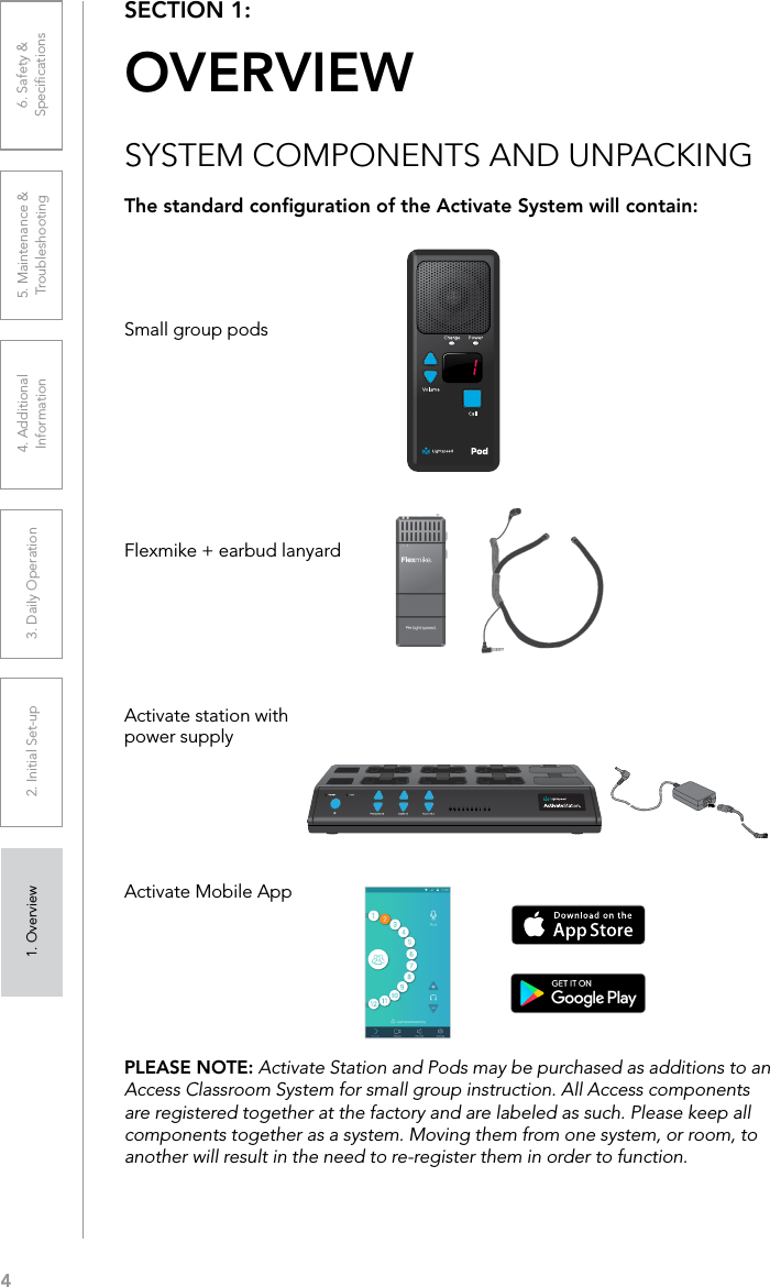 41. Overview 2. Initial Set-up 3. DaiIy Operation 4. Additional Information5. Maintenance &amp; Troubleshooting6. Safety &amp; SpeciﬁcationsSECTION 1:  OVERVIEWSYSTEM COMPONENTS AND UNPACKINGThe standard conﬁguration of the Activate System will contain:Flexmike + earbud lanyard Activate station with power supplySmall group podsPLEASE NOTE: Activate Station and Pods may be purchased as additions to an Access Classroom System for small group instruction. All Access components are registered together at the factory and are labeled as such. Please keep all components together as a system. Moving them from one system, or room, to another will result in the need to re-register them in order to function. Activate Mobile App