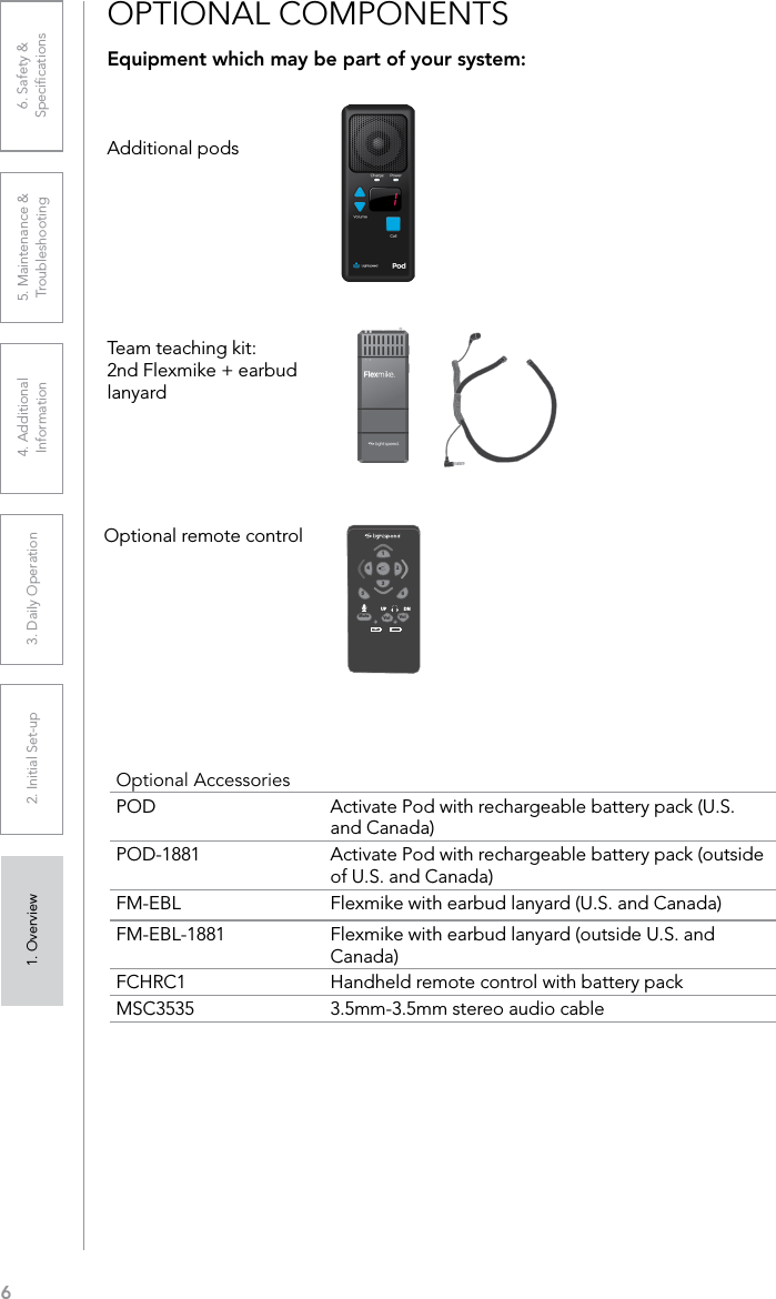 61. Overview 2. Initial Set-up 3. DaiIy Operation 4. Additional Information5. Maintenance &amp; Troubleshooting6. Safety &amp; SpeciﬁcationsOPTIONAL COMPONENTSEquipment which may be part of your system:Additional podsTeam teaching kit:  2nd Flexmike + earbud lanyardVolVolMute651324UP DNOptional AccessoriesPOD Activate Pod with rechargeable battery pack (U.S. and Canada)POD-1881 Activate Pod with rechargeable battery pack (outside of U.S. and Canada)FM-EBL Flexmike with earbud lanyard (U.S. and Canada)FM-EBL-1881 Flexmike with earbud lanyard (outside U.S. and Canada)FCHRC1 Handheld remote control with battery packMSC3535 3.5mm-3.5mm stereo audio cableOptional remote control