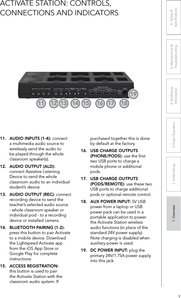 91. Overview 2. Initial Set-up 3. DaiIy Operation 4. Additional Information5. Maintenance &amp; Troubleshooting6. Safety &amp; SpeciﬁcationsACTIVATE STATION: CONTROLS, CONNECTIONS AND INDICATORS11.  AUDIO INPUTS (1-4): connect a multimedia audio source to wirelessly send the audio to be played through the whole classroom speaker(s).12.  AUDIO OUTPUT (ALD): connect Assistive Listening Device to send the whole classroom audio to an individual student’s device. 13.  AUDIO OUTPUT (REC): connect recording device to send the teacher’s selected audio source - whole classroom speaker or individual pod - to a recording device or installed camera. 14.  BLUETOOTH PAIRING (1-2): press this button to pair Activate to a mobile device. Download the Lightspeed Activate app from the iOS App Store or Google Play for complete instructions.15.  ACCESS REGISTRATION: this button is used to pair the Activate Station with the classroom audio system. If purchased together this is done by default at the factory.  16.  USB CHARGE OUTPUTS (PHONE/PODS): use the ﬁrst two USB ports to charge a mobile phone or additional pods.17.  USB CHARGE OUTPUTS (PODS/REMOTE): use these two USB ports to charge additional pods or optional remote control.18.  AUX POWER INPUT: 5V USB power from a laptop or USB power pack can be used in a portable application to power the Activate Station wireless audio functions (in place of the standard 24V power supply). Note charging is disabled when auxiliary power is used.19.  DC POWER INPUT: plug the primary 24V/1.75A power supply into this jack.1119181716151412 13