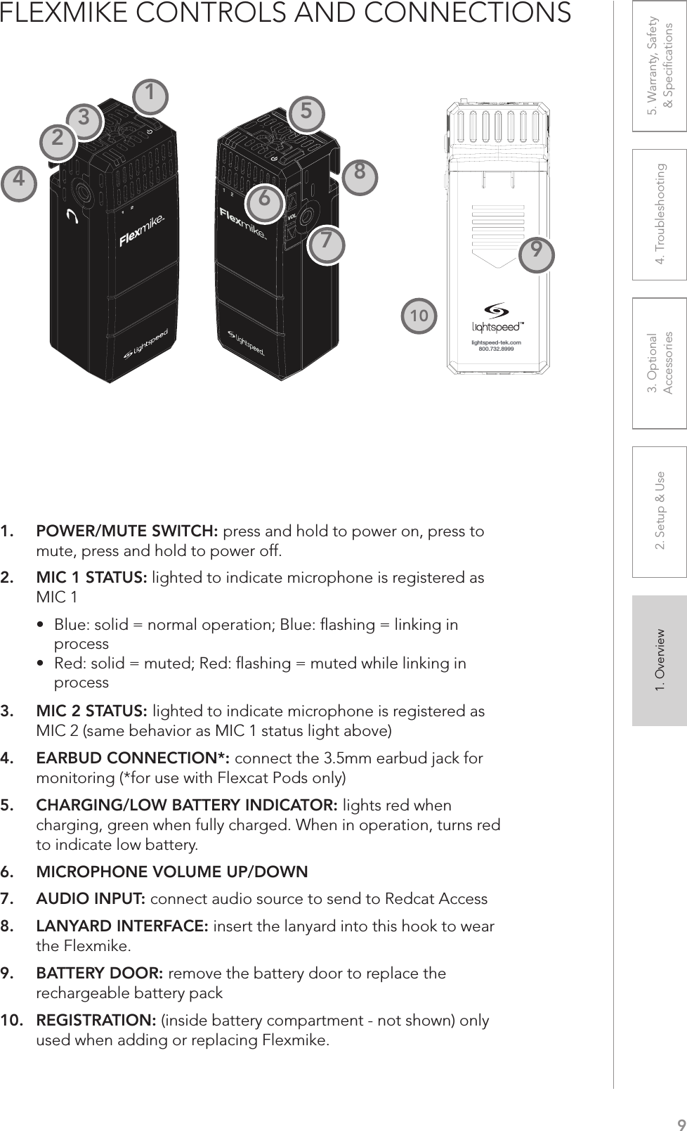 91. Overview 2. Setup &amp; Use 3. Optional  Accessories 4. Troubleshooting 5. Warranty, Safety  &amp; SpeciﬁcationsFLEXMIKE CONTROLS AND CONNECTIONS1     21     2INPUTVOL1.  POWER/MUTE SWITCH: press and hold to power on, press to mute, press and hold to power off.2.  MIC 1 STATUS: lighted to indicate microphone is registered as MIC 1UÊ Blue: solid = normal operation; Blue: ﬂashing = linking in processUÊ Red: solid = muted; Red: ﬂashing = muted while linking in process3.  MIC 2 STATUS: lighted to indicate microphone is registered as MIC 2 (same behavior as MIC 1 status light above)4.  EARBUD CONNECTION*: connect the 3.5mm earbud jack for monitoring (*for use with Flexcat Pods only)5.  CHARGING/LOW BATTERY INDICATOR: lights red when charging, green when fully charged. When in operation, turns red to indicate low battery.6.  MICROPHONE VOLUME UP/DOWN7.  AUDIO INPUT: connect audio source to send to Redcat Access8.  LANYARD INTERFACE: insert the lanyard into this hook to wear the Flexmike.9.  BATTERY DOOR: remove the battery door to replace the rechargeable battery pack10.  REGISTRATION: (inside battery compartment - not shown) only used when adding or replacing Flexmike.lightspeed-tek.com800.732.899911098765432