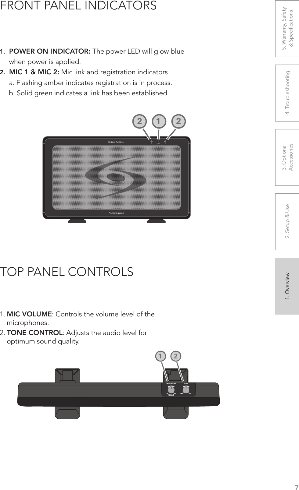 71. Overview 2. Setup &amp; Use 3. Optional  Accessories 4. Troubleshooting 5. Warranty, Safety  &amp; SpeciﬁcationsTOP PANEL CONTROLSFRONT PANEL INDICATORS1 POWER 21221. MIC VOLUME: Controls the volume level of the microphones.2. TONE CONTROL: Adjusts the audio level for optimum sound quality.MICROPHONEVOLUMEMIN MAX BASSTREBLETONE121.  POWER ON INDICATOR: The power LED will glow blue when power is applied.2.  MIC 1 &amp; MIC 2: Mic link and registration indicatorsa. Flashing amber indicates registration is in process.     b. Solid green indicates a link has been established.