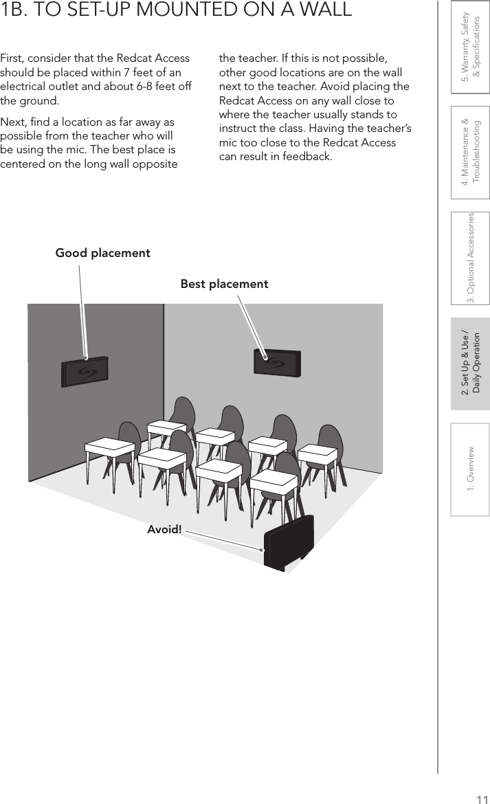 111. Overview 2. Set Up &amp; Use /Daily Operation 3. Optional Accessories 4. Maintenance &amp; Troubleshooting5. Warranty, Safety  &amp; Speciﬁcations1B. TO SET-UP MOUNTED ON A WALLFirst, consider that the Redcat Access should be placed within 7 feet of an electrical outlet and about 6-8 feet off the ground.Next, ﬁnd a location as far away as possible from the teacher who will be using the mic. The best place is centered on the long wall opposite the teacher. If this is not possible, other good locations are on the wall next to the teacher. Avoid placing the Redcat Access on any wall close to where the teacher usually stands to instruct the class. Having the teacher’s mic too close to the Redcat Access can result in feedback.Good placementBest placementAvoid!