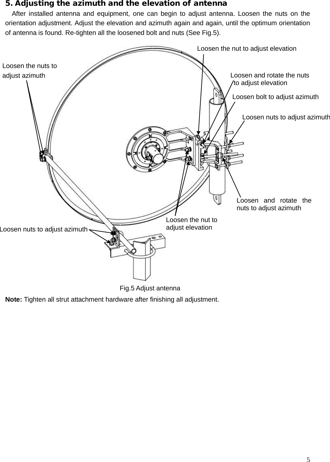  5 5. Adjusting the azimuth and the elevation of antenna After installed antenna and equipment, one can begin to adjust antenna. Loosen the nuts on the orientation adjustment. Adjust the elevation and azimuth again and again, until the optimum orientation of antenna is found. Re-tighten all the loosened bolt and nuts (See Fig.5).                              Note: Tighten all strut attachment hardware after finishing all adjustment.            Loosen bolt to adjust azimuth Loosen and rotate the nuts to adjust azimuth Loosen and rotate the nuts  to adjust elevation Loosen the nut to adjust elevation Loosen the nut to   adjust elevation Loosen the nuts to adjust azimuth Loosen nuts to adjust azimuth Fig.5 Adjust antenna Loosen nuts to adjust azimuth 