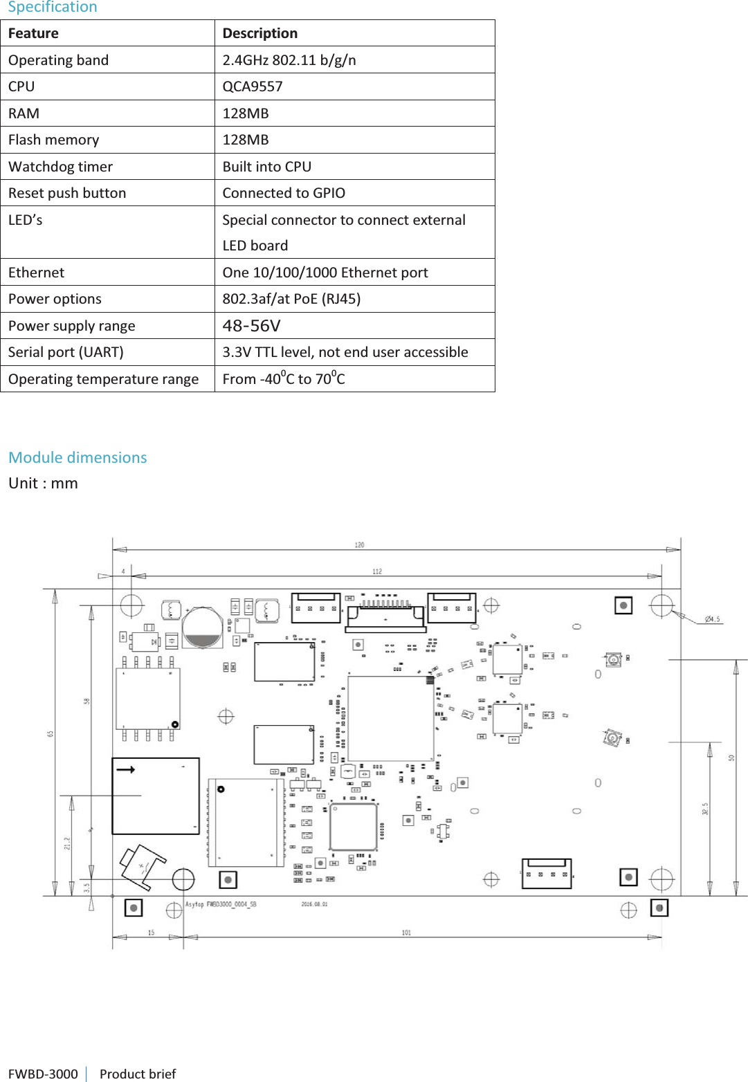 FWBD-3000   Product brief Specification Feature Description Operating band 2.4GHz 802.11 b/g/n CPU QCA9557 RAM 128MB Flash memory 128MB Watchdog timer Built into CPU Reset push button Connected to GPIO LED’s Special connector to connect external LED board Ethernet One 10/100/1000 Ethernet port Power options 802.3af/at PoE (RJ45) Power supply range 48-56V Serial port (UART) 3.3V TTL level, not end user accessible Operating temperature range From -400C to 700C   Module dimensions Unit : mm      