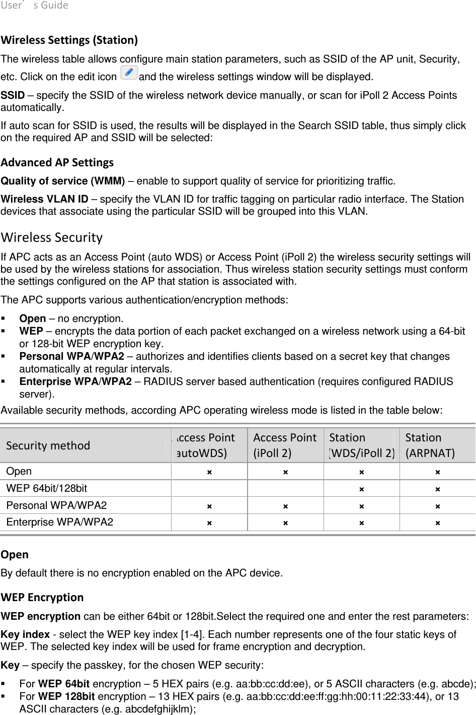 User’sGuide deliberant Page18 WirelessSettings(Station)The wireless table allows configure main station parameters, such as SSID of the AP unit, Security, etc. Click on the edit icon  and the wireless settings window will be displayed. SSID – specify the SSID of the wireless network device manually, or scan for iPoll 2 Access Points automatically. If auto scan for SSID is used, the results will be displayed in the Search SSID table, thus simply click on the required AP and SSID will be selected: AdvancedAPSettingsQuality of service (WMM) – enable to support quality of service for prioritizing traffic. Wireless VLAN ID – specify the VLAN ID for traffic tagging on particular radio interface. The Station devices that associate using the particular SSID will be grouped into this VLAN. WirelessSecurityIf APC acts as an Access Point (auto WDS) or Access Point (iPoll 2) the wireless security settings will be used by the wireless stations for association. Thus wireless station security settings must conform the settings configured on the AP that station is associated with.  The APC supports various authentication/encryption methods:   Open – no encryption.   WEP – encrypts the data portion of each packet exchanged on a wireless network using a 64-bit or 128-bit WEP encryption key.  Personal WPA/WPA2 – authorizes and identifies clients based on a secret key that changes automatically at regular intervals.   Enterprise WPA/WPA2 – RADIUS server based authentication (requires configured RADIUS server).  Available security methods, according APC operating wireless mode is listed in the table below: SecuritymethodAccessPoint(autoWDS)AccessPoint(iPoll2)Station(WDS/iPoll2)Station(ARPNAT)Open  × × × × WEP 64bit/128bit    × × Personal WPA/WPA2   × × × × Enterprise WPA/WPA2  × × × × OpenBy default there is no encryption enabled on the APC device. WEPEncryptionWEP encryption can be either 64bit or 128bit.Select the required one and enter the rest parameters: Key index - select the WEP key index [1-4]. Each number represents one of the four static keys of WEP. The selected key index will be used for frame encryption and decryption.  Key – specify the passkey, for the chosen WEP security:   For WEP 64bit encryption – 5 HEX pairs (e.g. aa:bb:cc:dd:ee), or 5 ASCII characters (e.g. abcde);   For WEP 128bit encryption – 13 HEX pairs (e.g. aa:bb:cc:dd:ee:ff:gg:hh:00:11:22:33:44), or 13 ASCII characters (e.g. abcdefghijklm);   