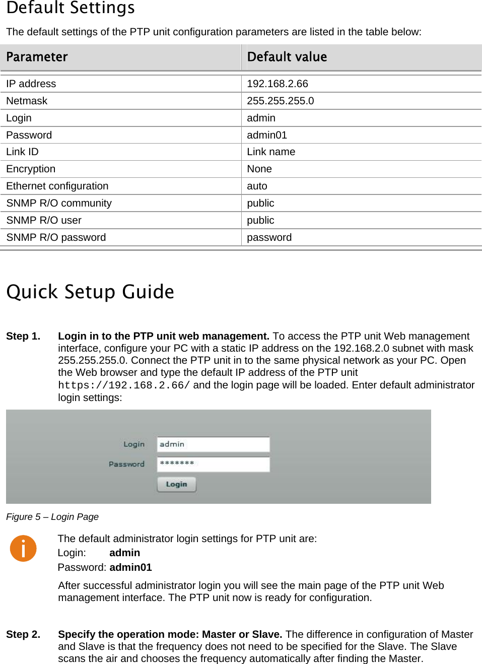  LigoWave Page 11   Default Settings The default settings of the PTP unit configuration parameters are listed in the table below: Parameter  Default value IP address  192.168.2.66 Netmask 255.255.255.0 Login admin Password admin01 Link ID  Link name Encryption None Ethernet configuration  auto SNMP R/O community  public SNMP R/O user  public SNMP R/O password  password  Quick Setup Guide  Step 1.  Login in to the PTP unit web management. To access the PTP unit Web management interface, configure your PC with a static IP address on the 192.168.2.0 subnet with mask 255.255.255.0. Connect the PTP unit in to the same physical network as your PC. Open the Web browser and type the default IP address of the PTP unit https://192.168.2.66/ and the login page will be loaded. Enter default administrator login settings:  Figure 5 – Login Page  The default administrator login settings for PTP unit are: Login:        admin Password: admin01 After successful administrator login you will see the main page of the PTP unit Web management interface. The PTP unit now is ready for configuration.   Step 2.  Specify the operation mode: Master or Slave. The difference in configuration of Master and Slave is that the frequency does not need to be specified for the Slave. The Slave scans the air and chooses the frequency automatically after finding the Master. 