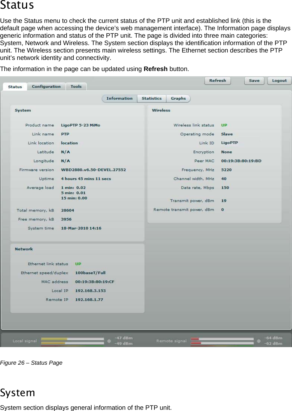  LigoWave Page 23   Status  Use the Status menu to check the current status of the PTP unit and established link (this is the default page when accessing the device’s web management interface). The Information page displays generic information and status of the PTP unit. The page is divided into three main categories: System, Network and Wireless. The System section displays the identification information of the PTP unit. The Wireless section presents main wireless settings. The Ethernet section describes the PTP unit’s network identity and connectivity. The information in the page can be updated using Refresh button.   Figure 26 – Status Page  System System section displays general information of the PTP unit. 