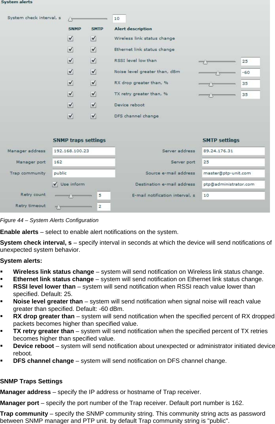  LigoWave Page 38  Figure 44 – System Alerts Configuration Enable alerts – select to enable alert notifications on the system.  System check interval, s – specify interval in seconds at which the device will send notifications of unexpected system behavior.  System alerts:   Wireless link status change – system will send notification on Wireless link status change.   Ethernet link status change – system will send notification on Ethernet link status change.   RSSI level lower than – system will send notification when RSSI reach value lower than specified. Default: 25.  Noise level greater than – system will send notification when signal noise will reach value greater than specified. Default: -60 dBm.   RX drop greater than – system will send notification when the specified percent of RX dropped packets becomes higher than specified value.  TX retry greater than – system will send notification when the specified percent of TX retries becomes higher than specified value.   Device reboot – system will send notification about unexpected or administrator initiated device reboot.   DFS channel change – system will send notification on DFS channel change.   SNMP Traps Settings Manager address – specify the IP address or hostname of Trap receiver.  Manager port – specify the port number of the Trap receiver. Default port number is 162.  Trap community – specify the SNMP community string. This community string acts as password between SNMP manager and PTP unit. by default Trap community string is &quot;public&quot;.  