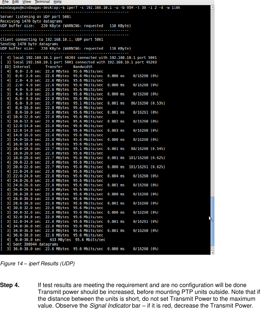 LigoWave Page 19  Figure 14 – iperf Results (UDP)  Step 4.  If test results are meeting the requirement and are no configuration will be done Transmit power should be increased, before mounting PTP units outside. Note that if the distance between the units is short, do not set Transmit Power to the maximum value. Observe the Signal Indicator bar – if it is red, decrease the Transmit Power.     