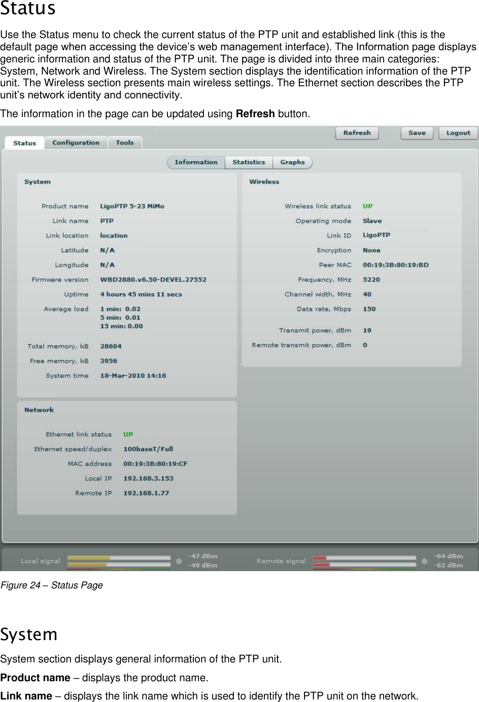  LigoWave Page 24  Status Use the Status menu to check the current status of the PTP unit and established link (this is the default page when accessing the device’s web management interface). The Information page displays generic information and status of the PTP unit. The page is divided into three main categories: System, Network and Wireless. The System section displays the identification information of the PTP unit. The Wireless section presents main wireless settings. The Ethernet section describes the PTP unit’s network identity and connectivity. The information in the page can be updated using Refresh button.   Figure 24 – Status Page  System System section displays general information of the PTP unit. Product name – displays the product name.  Link name – displays the link name which is used to identify the PTP unit on the network.  