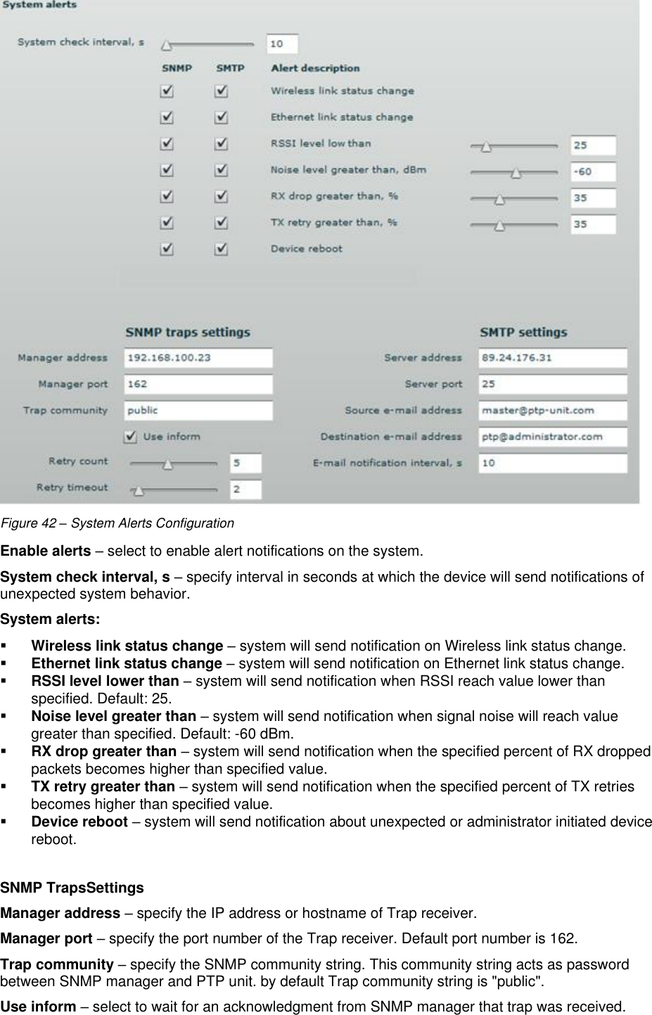  LigoWave Page 39  Figure 42 – System Alerts Configuration Enable alerts – select to enable alert notifications on the system.  System check interval, s – specify interval in seconds at which the device will send notifications of unexpected system behavior.  System alerts:  Wireless link status change – system will send notification on Wireless link status change.   Ethernet link status change – system will send notification on Ethernet link status change.   RSSI level lower than – system will send notification when RSSI reach value lower than specified. Default: 25.  Noise level greater than – system will send notification when signal noise will reach value greater than specified. Default: -60 dBm.   RX drop greater than – system will send notification when the specified percent of RX dropped packets becomes higher than specified value.  TX retry greater than – system will send notification when the specified percent of TX retries becomes higher than specified value.   Device reboot – system will send notification about unexpected or administrator initiated device reboot.   SNMP TrapsSettings Manager address – specify the IP address or hostname of Trap receiver.  Manager port – specify the port number of the Trap receiver. Default port number is 162.  Trap community – specify the SNMP community string. This community string acts as password between SNMP manager and PTP unit. by default Trap community string is &quot;public&quot;.  Use inform – select to wait for an acknowledgment from SNMP manager that trap was received.  