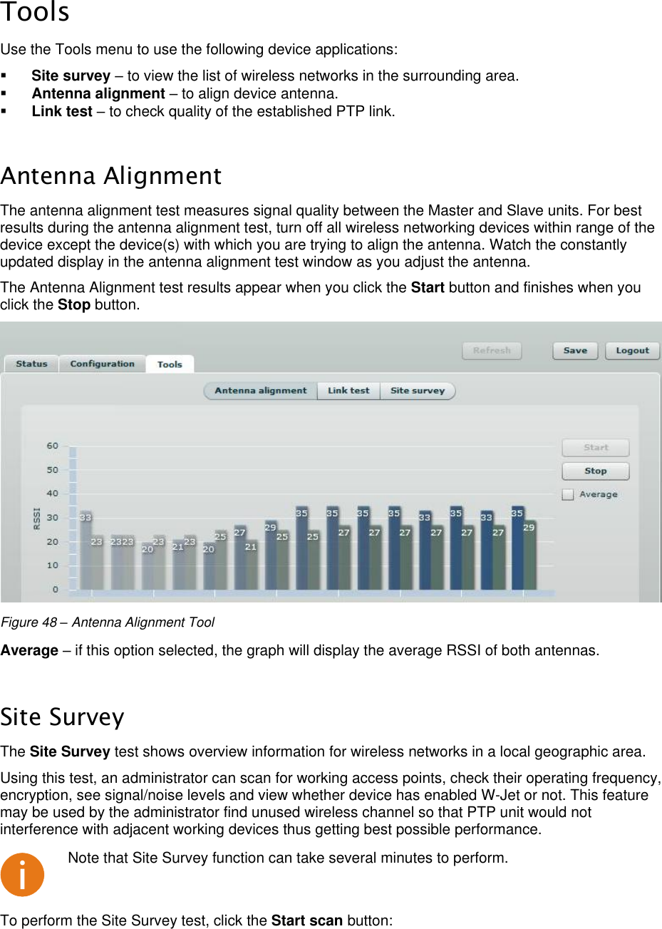  LigoWave Page 43  Tools Use the Tools menu to use the following device applications:   Site survey – to view the list of wireless networks in the surrounding area.   Antenna alignment – to align device antenna.   Link test – to check quality of the established PTP link.   Antenna Alignment The antenna alignment test measures signal quality between the Master and Slave units. For best results during the antenna alignment test, turn off all wireless networking devices within range of the device except the device(s) with which you are trying to align the antenna. Watch the constantly updated display in the antenna alignment test window as you adjust the antenna.  The Antenna Alignment test results appear when you click the Start button and finishes when you click the Stop button.   Figure 48 – Antenna Alignment Tool Average – if this option selected, the graph will display the average RSSI of both antennas.  Site Survey The Site Survey test shows overview information for wireless networks in a local geographic area.  Using this test, an administrator can scan for working access points, check their operating frequency, encryption, see signal/noise levels and view whether device has enabled W-Jet or not. This feature may be used by the administrator find unused wireless channel so that PTP unit would not interference with adjacent working devices thus getting best possible performance.   Note that Site Survey function can take several minutes to perform. To perform the Site Survey test, click the Start scan button:  