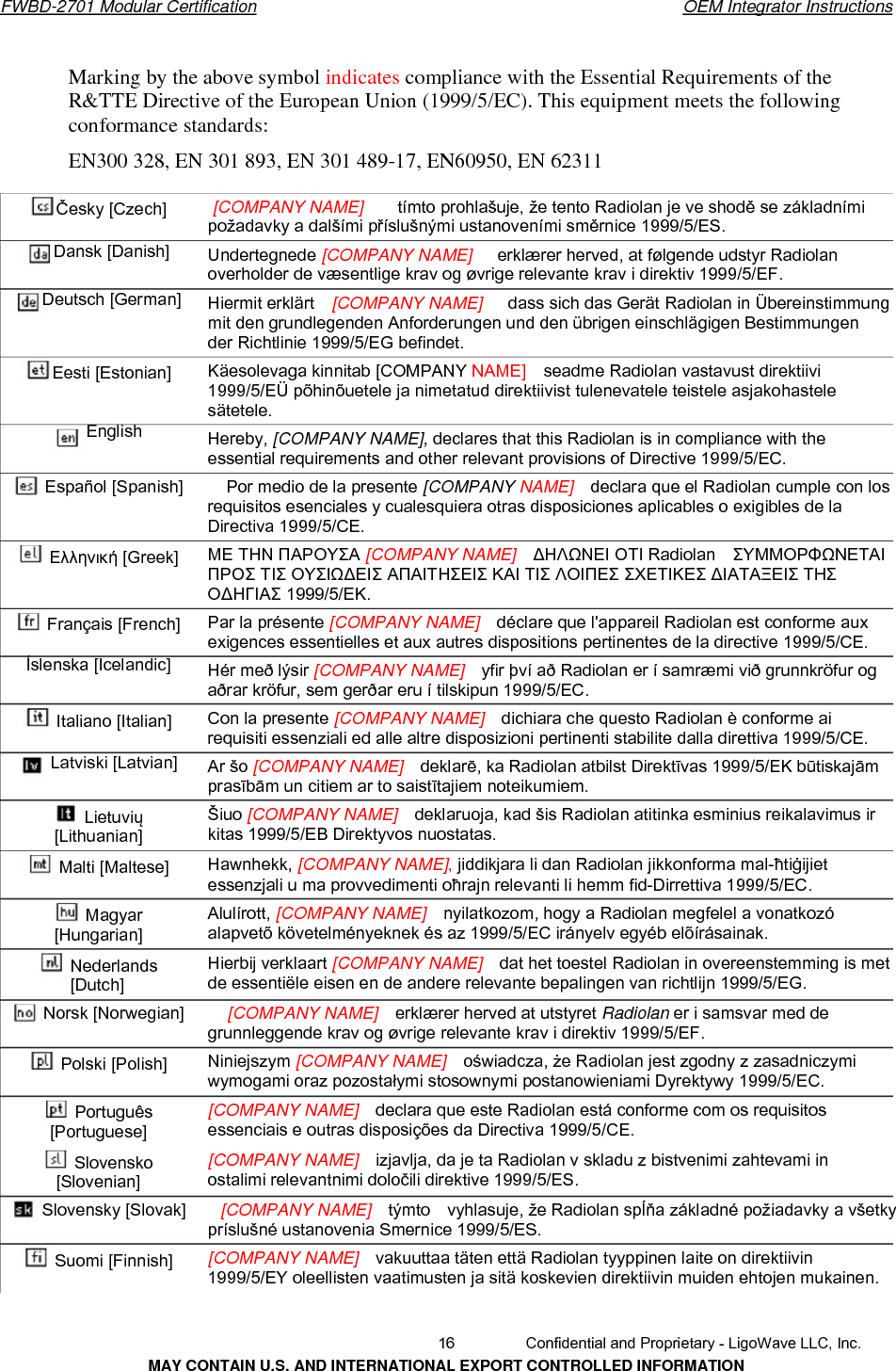       FWBD-2701 Modular Certification  OEM Integrator InstructionsMarking by the above symbol indicates compliance with the Essential Requirements of the R&amp;TTE Directive of the European Union (1999/5/EC). This equipment meets the following conformance standards: EN300 328, EN 301 893, EN 301 489-17, EN60950, EN 62311 Česky [Czech] Dansk [Danish] Deutsch [German] [COMPANY NAME]    tímto prohlašuje, že tento Radiolan je ve shodě se základnímipožadavky a dalšími příslušnými ustanoveními směrnice 1999/5/ES. Undertegnede [COMPANY NAME]   erklærer herved, at følgende udstyr Radiolanoverholder de væsentlige krav og øvrige relevante krav i direktiv 1999/5/EF. Hiermit erklärt    [COMPANY NAME]   dass sich das Gerät Radiolan in Übereinstimmungmit den grundlegenden Anforderungen und den übrigen einschlägigen Bestimmungen der Richtlinie 1999/5/EG befindet. Eesti [Estonian] English Käesolevaga kinnitab [COMPANY NAME]  seadme Radiolan vastavust direktiivi 1999/5/EÜ põhinõuetele ja nimetatud direktiivist tulenevatele teistele asjakohastele sätetele. Hereby, [COMPANY NAME], declares that this Radiolan is in compliance with the essential requirements and other relevant provisions of Directive 1999/5/EC. Español [Spanish]     Por medio de la presente [COMPANY NAME]  declara que el Radiolan cumple con losrequisitos esenciales y cualesquiera otras disposiciones aplicables o exigibles de la Directiva 1999/5/CE. Ελληνική [Greek]  ΜΕ ΤΗΝ ΠΑΡΟΥΣΑ [COMPANY NAME]    ∆ΗΛΩΝΕΙ ΟΤΙ Radiolan    ΣΥΜΜΟΡΦΩΝΕΤΑΙ ΠΡΟΣ ΤΙΣ ΟΥΣΙΩ∆ΕΙΣ ΑΠΑΙΤΗΣΕΙΣ ΚΑΙ ΤΙΣ ΛΟΙΠΕΣ ΣΧΕΤΙΚΕΣ ∆ΙΑΤΑΞΕΙΣ ΤΗΣ Ο∆ΗΓΙΑΣ 1999/5/ΕΚ. Français [French] Íslenska [Icelandic] Par la présente [COMPANY NAME]    déclare que l&apos;appareil Radiolan est conforme auxexigences essentielles et aux autres dispositions pertinentes de la directive 1999/5/CE. Hér með lýsir [COMPANY NAME]    yfir því að Radiolan er í samræmi við grunnkröfur ogaðrar kröfur, sem gerðar eru í tilskipun 1999/5/EC.Italiano [Italian] Latviski [Latvian] Con la presente [COMPANY NAME]    dichiara che questo Radiolan è conforme airequisiti essenziali ed alle altre disposizioni pertinenti stabilite dalla direttiva 1999/5/CE. Ar šo [COMPANY NAME]    deklarē, ka Radiolan atbilst Direktīvas 1999/5/EK būtiskajāmprasībām un citiem ar to saistītajiem noteikumiem. Lietuvių [Lithuanian] Šiuo [COMPANY NAME]    deklaruoja, kad šis Radiolan atitinka esminius reikalavimus irkitas 1999/5/EB Direktyvos nuostatas. Malti [Maltese]  Hawnhekk, [COMPANY NAME], jiddikjara li dan Radiolan jikkonforma mal-ħtiġijietessenzjali u ma provvedimenti oħrajn relevanti li hemm fid-Dirrettiva 1999/5/EC. Magyar [Hungarian] Alulírott, [COMPANY NAME]    nyilatkozom, hogy a Radiolan megfelel a vonatkozó alapvetõ követelményeknek és az 1999/5/EC irányelv egyéb elõírásainak. Nederlands [Dutch] Hierbij verklaart [COMPANY NAME]    dat het toestel Radiolan in overeenstemming is met de essentiële eisen en de andere relevante bepalingen van richtlijn 1999/5/EG. Norsk [Norwegian]     [COMPANY NAME]    erklærer herved at utstyret Radiolan er i samsvar med de grunnleggende krav og øvrige relevante krav i direktiv 1999/5/EF. Polski [Polish]  Niniejszym [COMPANY NAME]    oświadcza, że Radiolan jest zgodny z zasadniczymiwymogami oraz pozostałymi stosownymi postanowieniami Dyrektywy 1999/5/EC. Português [Portuguese] [COMPANY NAME]    declara que este Radiolan está conforme com os requisitos essenciais e outras disposições da Directiva 1999/5/CE. Slovensko [Slovenian] [COMPANY NAME]    izjavlja, da je ta Radiolan v skladu z bistvenimi zahtevami in ostalimi relevantnimi določili direktive 1999/5/ES. Slovensky [Slovak]    [COMPANY NAME]    týmto    vyhlasuje, že Radiolan spĺňa základné požiadavky a všetky príslušné ustanovenia Smernice 1999/5/ES. Suomi [Finnish]  [COMPANY NAME]    vakuuttaa täten että Radiolan tyyppinen laite on direktiivin 1999/5/EY oleellisten vaatimusten ja sitä koskevien direktiivin muiden ehtojen mukainen.   16  Confidential and Proprietary - LigoWave LLC, Inc. MAY CONTAIN U.S. AND INTERNATIONAL EXPORT CONTROLLED INFORMATION 