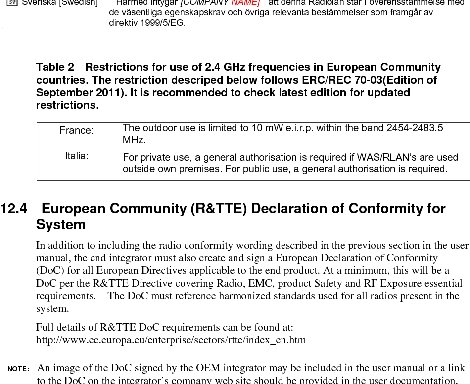       FWBD-2701 Modular Certification  OEM Integrator InstructionsSvenska [Swedish]    Härmed intygar [COMPANY NAME]  att denna Radiolan står I överensstämmelse medde väsentliga egenskapskrav och övriga relevanta bestämmelser som framgår av direktiv 1999/5/EG. Table 2  Restrictions for use of 2.4 GHz frequencies in European Communitycountries. The restriction descriped below follows ERC/REC 70-03(Edition of September 2011). It is recommended to check latest edition for updated restrictions. The outdoor use is limited to 10 mW e.i.r.p. within the band 2454-2483.5 MHz.  France:  Italia:   For private use, a general authorisation is required if WAS/RLAN’s are used outside own premises. For public use, a general authorisation is required.   12.4  European Community (R&amp;TTE) Declaration of Conformity forSystem In addition to including the radio conformity wording described in the previous section in the user manual, the end integrator must also create and sign a European Declaration of Conformity (DoC) for all European Directives applicable to the end product. At a minimum, this will be a DoC per the R&amp;TTE Directive covering Radio, EMC, product Safety and RF Exposure essential requirements.    The DoC must reference harmonized standards used for all radios present in the system. Full details of R&amp;TTE DoC requirements can be found at: http://www.ec.europa.eu/enterprise/sectors/rtte/index_en.htm NOTE:  An image of the DoC signed by the OEM integrator may be included in the user manual or a linkto the DoC on the integrator’s company web site should be provided in the user documentation.12.5    Taiwan user manual wording台灣:國家通訊傳播委員會 低功率電波輻射性電機管理辦法 第十二條經型式認證合格之低功率射頻電機，非經許可，公司、商號或使 用者均不得擅自變更頻率、加大功率或變更原設計之特性及功能。 第十四條低功率射頻電機之使用不得影響飛航安全及干擾合法通信；經發 現有干擾現象時，應立即停用，並改善至無干擾時方得繼續使用。前項合法通信，指依電信 法規定作業之無線電通信。低功率射頻電機須忍受合法通信或工業、科學及醫療用電波輻射 性電機設備之干擾。   17  Confidential and Proprietary - LigoWave LLC, Inc. MAY CONTAIN U.S. AND INTERNATIONAL EXPORT CONTROLLED INFORMATION 