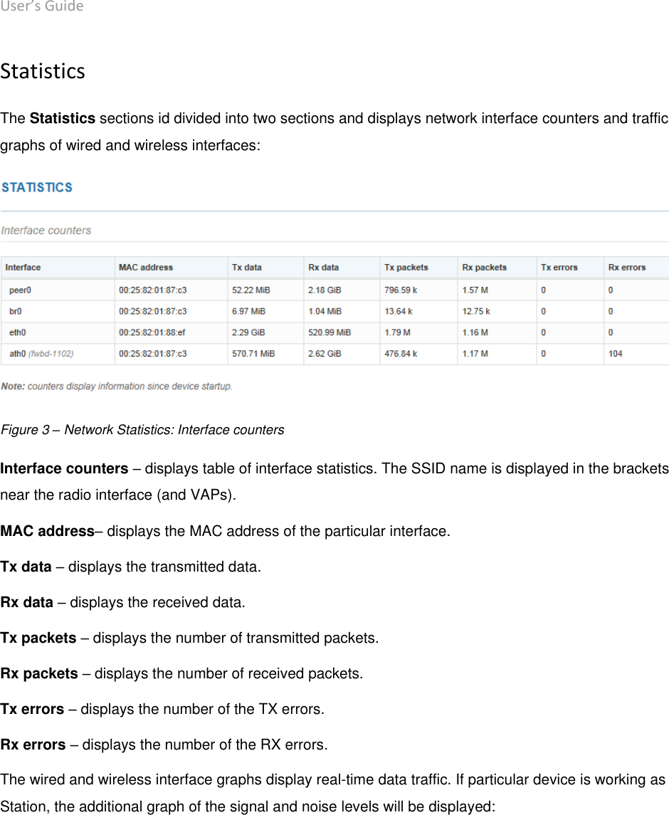 User’s Guide deliberant Page 15 Statistics The Statistics sections id divided into two sections and displays network interface counters and traffic graphs of wired and wireless interfaces:  Figure 3 – Network Statistics: Interface counters Interface counters – displays table of interface statistics. The SSID name is displayed in the brackets near the radio interface (and VAPs). MAC address– displays the MAC address of the particular interface. Tx data – displays the transmitted data. Rx data – displays the received data. Tx packets – displays the number of transmitted packets. Rx packets – displays the number of received packets. Tx errors – displays the number of the TX errors. Rx errors – displays the number of the RX errors. The wired and wireless interface graphs display real-time data traffic. If particular device is working as Station, the additional graph of the signal and noise levels will be displayed: 