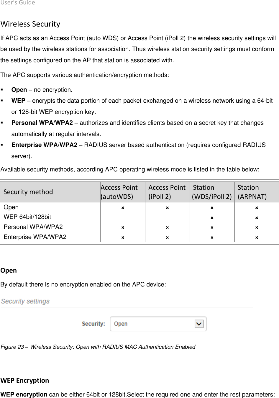 User’s Guide deliberant Page 39 Wireless Security If APC acts as an Access Point (auto WDS) or Access Point (iPoll 2) the wireless security settings will be used by the wireless stations for association. Thus wireless station security settings must conform the settings configured on the AP that station is associated with.  The APC supports various authentication/encryption methods:   Open – no encryption.   WEP – encrypts the data portion of each packet exchanged on a wireless network using a 64-bit or 128-bit WEP encryption key.  Personal WPA/WPA2 – authorizes and identifies clients based on a secret key that changes automatically at regular intervals.   Enterprise WPA/WPA2 – RADIUS server based authentication (requires configured RADIUS server).  Available security methods, according APC operating wireless mode is listed in the table below: Security method  Access Point (autoWDS)  Access Point (iPoll 2) Station (WDS/iPoll 2)  Station (ARPNAT)  Open × × × × WEP 64bit/128bit   × × Personal WPA/WPA2  × × × × Enterprise WPA/WPA2 × × × ×  Open By default there is no encryption enabled on the APC device:  Figure 23 – Wireless Security: Open with RADIUS MAC Authentication Enabled  WEP Encryption WEP encryption can be either 64bit or 128bit.Select the required one and enter the rest parameters: 