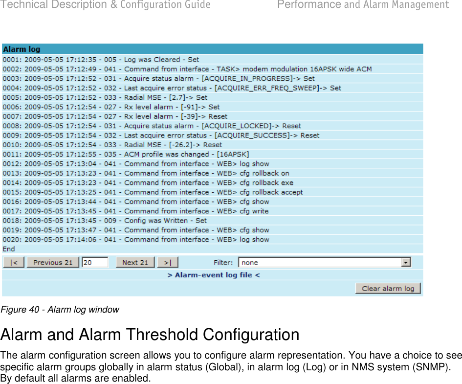 Technical Description &amp; Configuration Guide  Performance and Alarm Management  LigoWave  Page 62  Figure 40 - Alarm log window Alarm and Alarm Threshold Configuration The alarm configuration screen allows you to configure alarm representation. You have a choice to see specific alarm groups globally in alarm status (Global), in alarm log (Log) or in NMS system (SNMP). By default all alarms are enabled. 