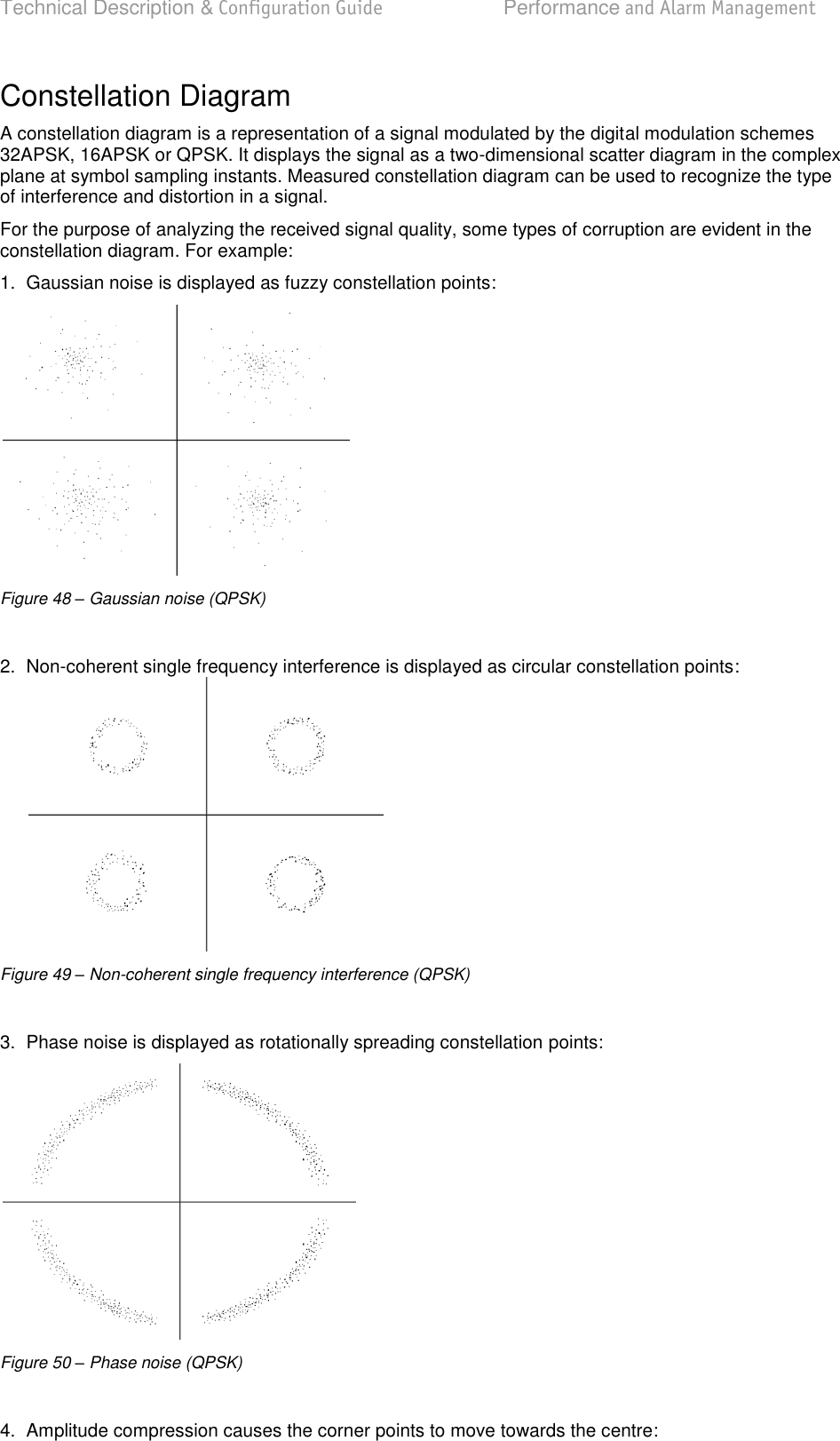 Technical Description &amp; Configuration Guide  Performance and Alarm Management  LigoWave  Page 69 Constellation Diagram A constellation diagram is a representation of a signal modulated by the digital modulation schemes 32APSK, 16APSK or QPSK. It displays the signal as a two-dimensional scatter diagram in the complex plane at symbol sampling instants. Measured constellation diagram can be used to recognize the type of interference and distortion in a signal. For the purpose of analyzing the received signal quality, some types of corruption are evident in the constellation diagram. For example: 1.  Gaussian noise is displayed as fuzzy constellation points:  Figure 48 – Gaussian noise (QPSK)  2.  Non-coherent single frequency interference is displayed as circular constellation points:  Figure 49 – Non-coherent single frequency interference (QPSK)  3.  Phase noise is displayed as rotationally spreading constellation points:  Figure 50 – Phase noise (QPSK)  4.  Amplitude compression causes the corner points to move towards the centre: 