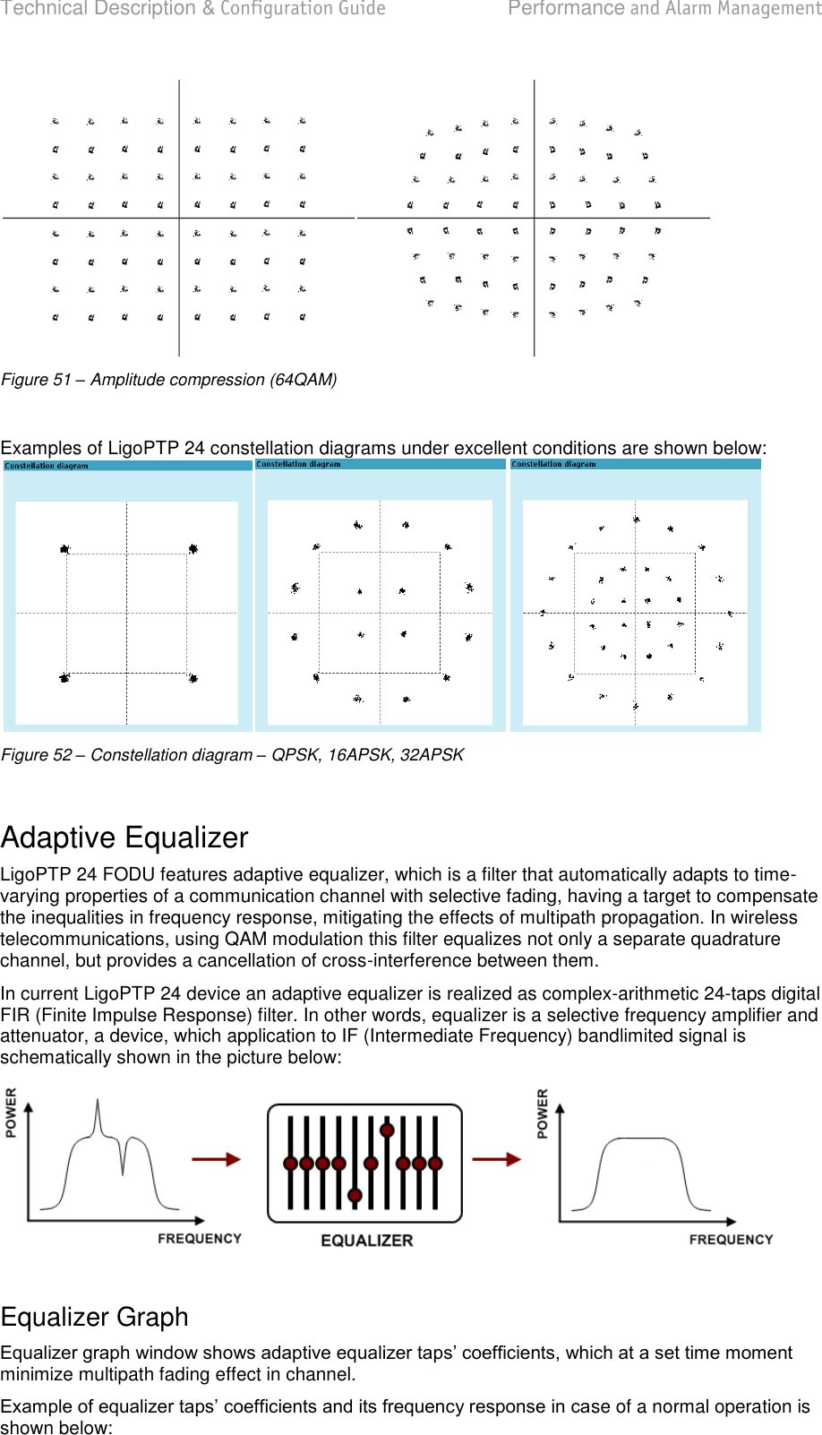 Technical Description &amp; Configuration Guide  Performance and Alarm Management  LigoWave  Page 70  Figure 51 – Amplitude compression (64QAM)  Examples of LigoPTP 24 constellation diagrams under excellent conditions are shown below:  Figure 52 – Constellation diagram – QPSK, 16APSK, 32APSK   Adaptive Equalizer LigoPTP 24 FODU features adaptive equalizer, which is a filter that automatically adapts to time-varying properties of a communication channel with selective fading, having a target to compensate the inequalities in frequency response, mitigating the effects of multipath propagation. In wireless telecommunications, using QAM modulation this filter equalizes not only a separate quadrature channel, but provides a cancellation of cross-interference between them. In current LigoPTP 24 device an adaptive equalizer is realized as complex-arithmetic 24-taps digital FIR (Finite Impulse Response) filter. In other words, equalizer is a selective frequency amplifier and attenuator, a device, which application to IF (Intermediate Frequency) bandlimited signal is schematically shown in the picture below:   Equalizer Graph minimize multipath fading effect in channel. se of a normal operation is shown below: 