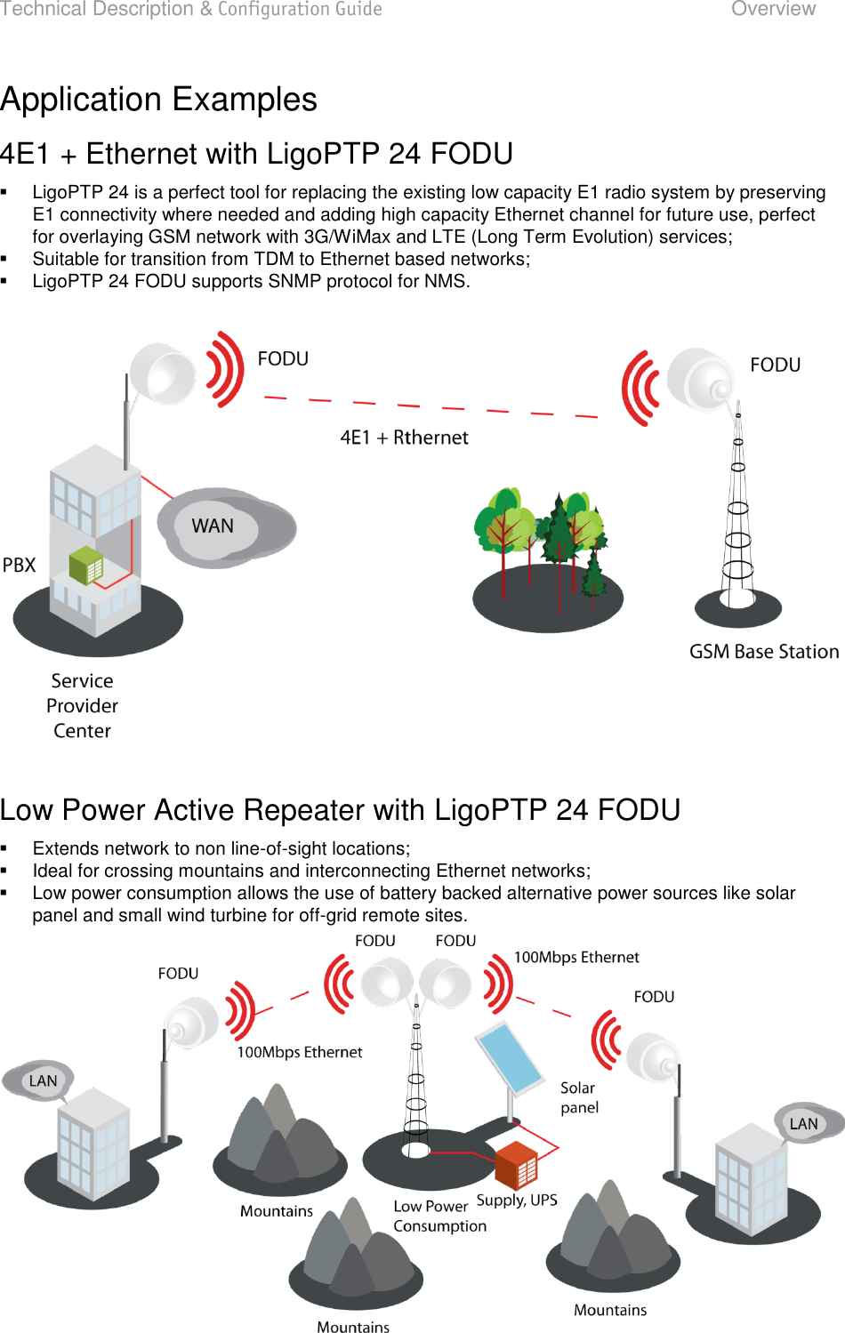 Technical Description &amp; Configuration Guide  Overview  LigoWave  Page 8 Application Examples 4E1 + Ethernet with LigoPTP 24 FODU   LigoPTP 24 is a perfect tool for replacing the existing low capacity E1 radio system by preserving E1 connectivity where needed and adding high capacity Ethernet channel for future use, perfect for overlaying GSM network with 3G/WiMax and LTE (Long Term Evolution) services;   Suitable for transition from TDM to Ethernet based networks;   LigoPTP 24 FODU supports SNMP protocol for NMS.    Low Power Active Repeater with LigoPTP 24 FODU   Extends network to non line-of-sight locations;   Ideal for crossing mountains and interconnecting Ethernet networks;   Low power consumption allows the use of battery backed alternative power sources like solar panel and small wind turbine for off-grid remote sites.   