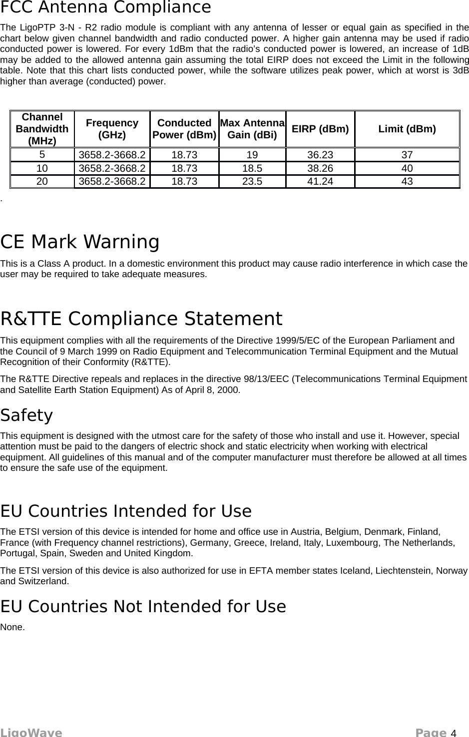 FCC Antenna ComplianceThe LigoPTP 3-N - R2 radio module is compliant with any antenna of lesser or equal gain as specified in the chart below given channel bandwidth and radio conducted power. A higher gain antenna may be used if radio conducted power is lowered. For every 1dBm that the radio’s conducted power is lowered, an increase of 1dB may be added to the allowed antenna gain assuming the total EIRP does not exceed the Limit in the following table. Note that this chart lists conducted power, while the software utilizes peak power, which at worst is 3dB higher than average (conducted) power. Channel Bandwidth (MHz)Frequency (GHz)Conducted Power (dBm)Max Antenna Gain (dBi) EIRP (dBm) Limit (dBm)53658.2-3668.2 18.73 19 36.23 3710 3658.2-3668.2 18.73 18.5 38.26 4020 3658.2-3668.2 18.73 23.5 41.24 43.CE Mark WarningThis is a Class A product. In a domestic environment this product may cause radio interference in which case the user may be required to take adequate measures.R&amp;TTE Compliance StatementThis equipment complies with all the requirements of the Directive 1999/5/EC of the European Parliament and the Council of 9 March 1999 on Radio Equipment and Telecommunication Terminal Equipment and the Mutual Recognition of their Conformity (R&amp;TTE).The R&amp;TTE Directive repeals and replaces in the directive 98/13/EEC (Telecommunications Terminal Equipment and Satellite Earth Station Equipment) As of April 8, 2000.SafetyThis equipment is designed with the utmost care for the safety of those who install and use it. However, special attention must be paid to the dangers of electric shock and static electricity when working with electrical equipment. All guidelines of this manual and of the computer manufacturer must therefore be allowed at all times to ensure the safe use of the equipment.EU Countries Intended for UseThe ETSI version of this device is intended for home and office use in Austria, Belgium, Denmark, Finland, France (with Frequency channel restrictions), Germany, Greece, Ireland, Italy, Luxembourg, The Netherlands, Portugal, Spain, Sweden and United Kingdom.The ETSI version of this device is also authorized for use in EFTA member states Iceland, Liechtenstein, Norway and Switzerland.EU Countries Not Intended for UseNone.LigoWave Page 4