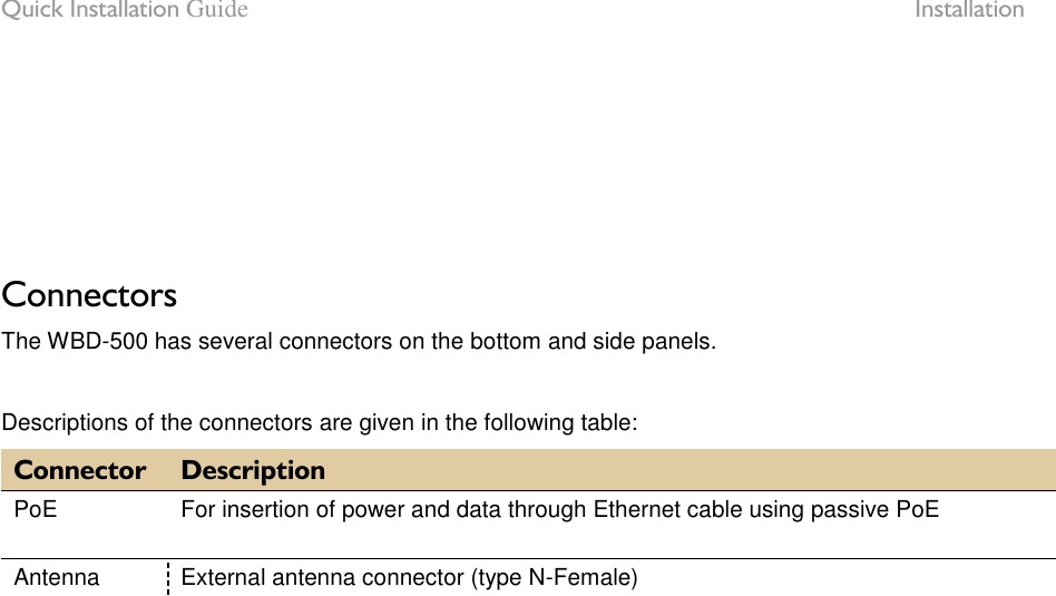 Quick Installation Guide  Installation LigoWave Page 8    Connectors The WBD-500 has several connectors on the bottom and side panels.   Descriptions of the connectors are given in the following table: Connector Description PoE For insertion of power and data through Ethernet cable using passive PoE  Antenna External antenna connector (type N-Female)      