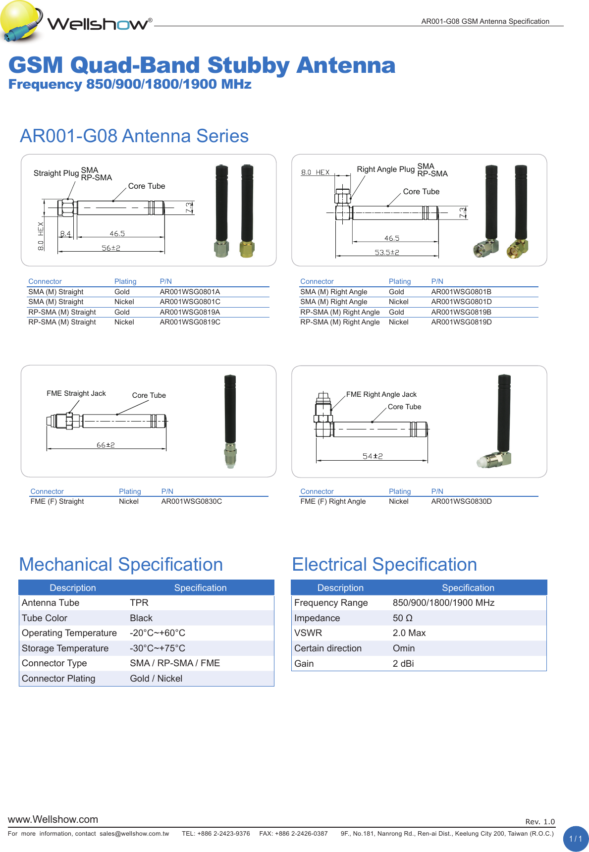 Rev. 1.0AR001-G08 GSM Antenna Specication1 / 1Wellshow®For  more  information, contact  sales@wellshow.com.tw       TEL: +886 2-2423-9376     FAX: +886 2-2426-0387       9F., No.181, Nanrong Rd., Ren-ai Dist., Keelung City 200, Taiwan (R.O.C.)www.Wellshow.comGSM Quad-Band Stubby AntennaFrequency 850/900/1800/1900 MHzAR001-G08 Antenna SeriesDescription SpecicationFrequency Range 850/900/1800/1900 MHzImpedance 50 ΩVSWR 2.0 MaxCertain direction OminGain 2 dBiDescription SpecicationAntenna Tube TPRTube Color BlackOperating Temperature -20°C~+60°CStorage Temperature  -30°C~+75°CConnector Type SMA / RP-SMA / FMEConnector Plating Gold / NickelElectrical SpecicationMechanical SpecicationSMA RP-SMACore TubeStraight Plug Right Angle PlugCore TubeSMA RP-SMAFME Straight JackCore Tube66±254±2FME Right Angle JackCore TubeConnector Plating P/NSMA (M) Straight Gold AR001WSG0801ASMA (M) Straight Nickel AR001WSG0801CRP-SMA (M) Straight Gold AR001WSG0819ARP-SMA (M) Straight Nickel AR001WSG0819CConnector Plating P/NSMA (M) Right Angle Gold AR001WSG0801BSMA (M) Right Angle Nickel AR001WSG0801DRP-SMA (M) Right Angle Gold AR001WSG0819BRP-SMA (M) Right Angle Nickel AR001WSG0819DConnector Plating P/NFME (F) Straight Nickel AR001WSG0830CConnector Plating P/NFME (F) Right Angle Nickel AR001WSG0830D