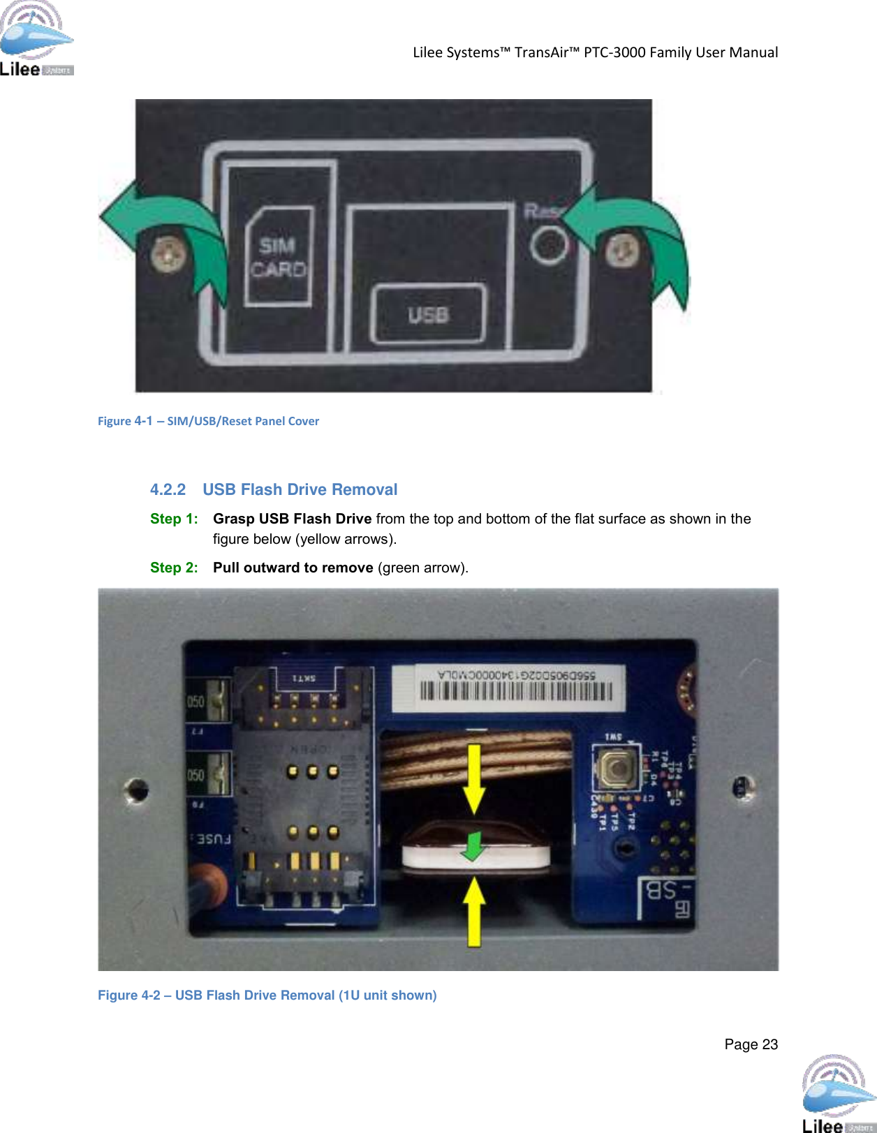 Lilee Systems™ TransAir™ PTC-3000 Family User Manual  Page 23   Figure 4-1 – SIM/USB/Reset Panel Cover  4.2.2  USB Flash Drive Removal Step 1: Grasp USB Flash Drive from the top and bottom of the flat surface as shown in the figure below (yellow arrows). Step 2: Pull outward to remove (green arrow).  Figure 4-2 – USB Flash Drive Removal (1U unit shown) 