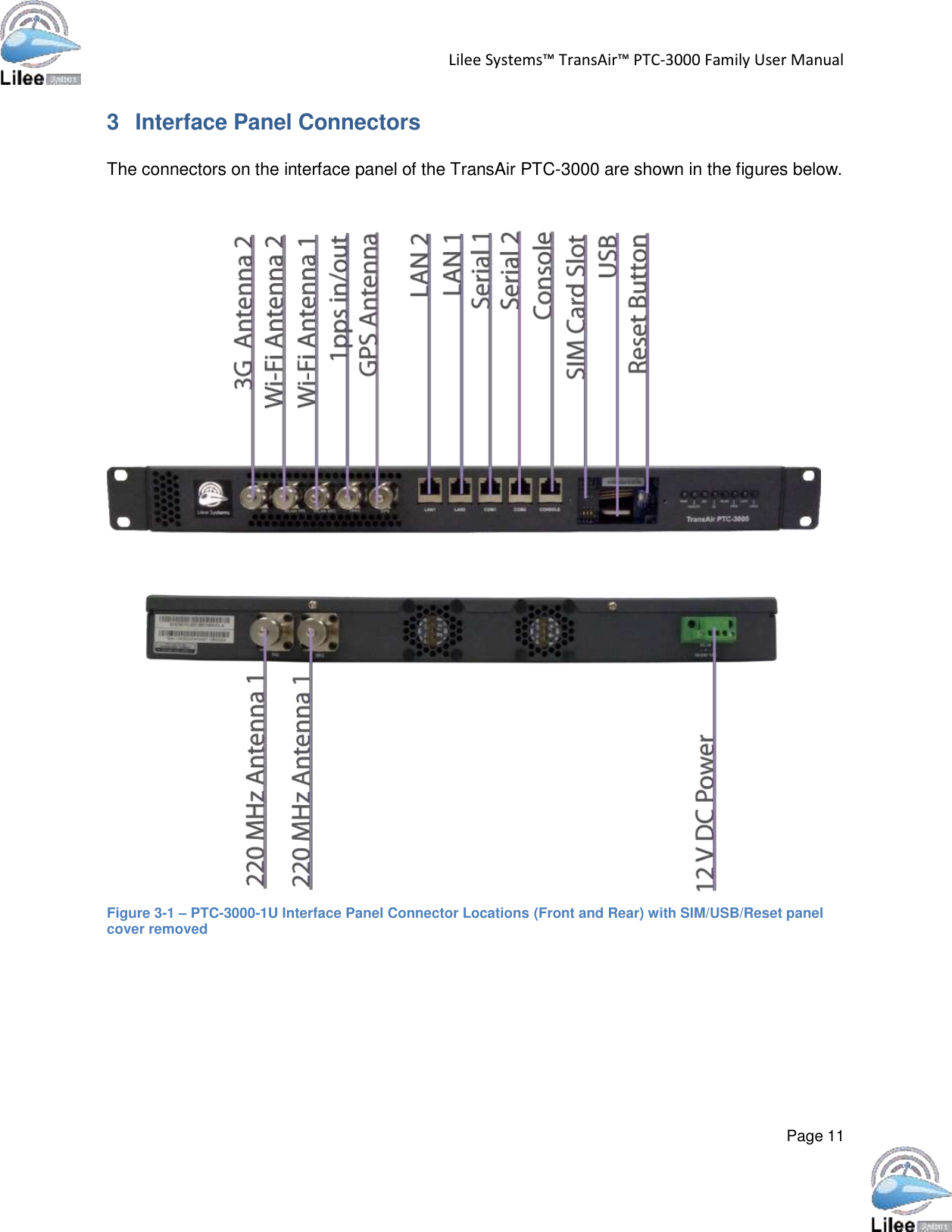   Lilee Systems™ TransAir™ PTC-3000 Family User Manual   Page 11    3  Interface Panel Connectors   The connectors on the interface panel of the TransAir PTC-3000 are shown in the figures below.  Figure 3-1 – PTC-3000-1U Interface Panel Connector Locations (Front and Rear) with SIM/USB/Reset panel cover removed 