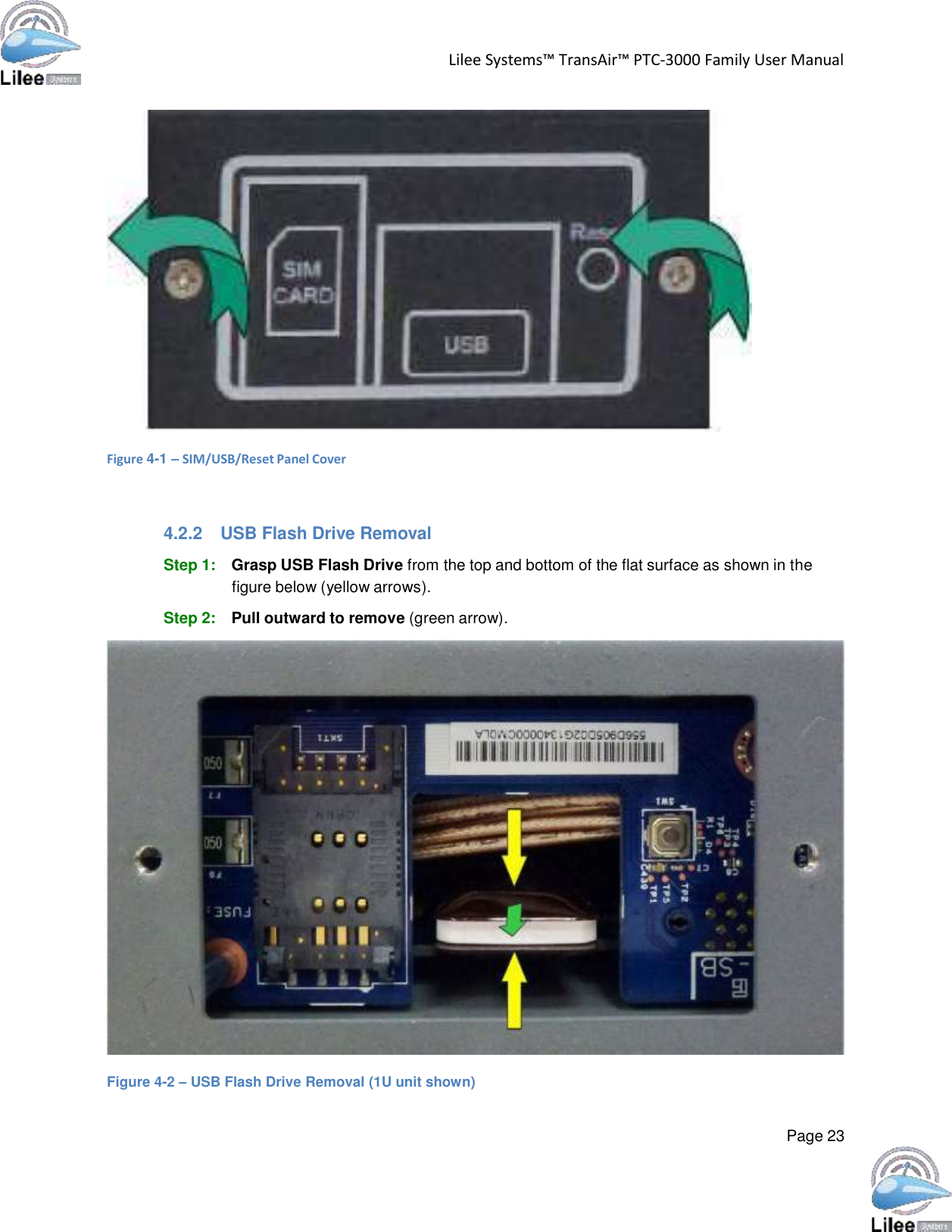   Lilee Systems™ TransAir™ PTC-3000 Family User Manual   Page 23       Figure 4-1 – SIM/USB/Reset Panel Cover     4.2.2  USB Flash Drive Removal  Step 1: Grasp USB Flash Drive from the top and bottom of the flat surface as shown in the figure below (yellow arrows).  Step 2: Pull outward to remove (green arrow).    Figure 4-2 – USB Flash Drive Removal (1U unit shown) 