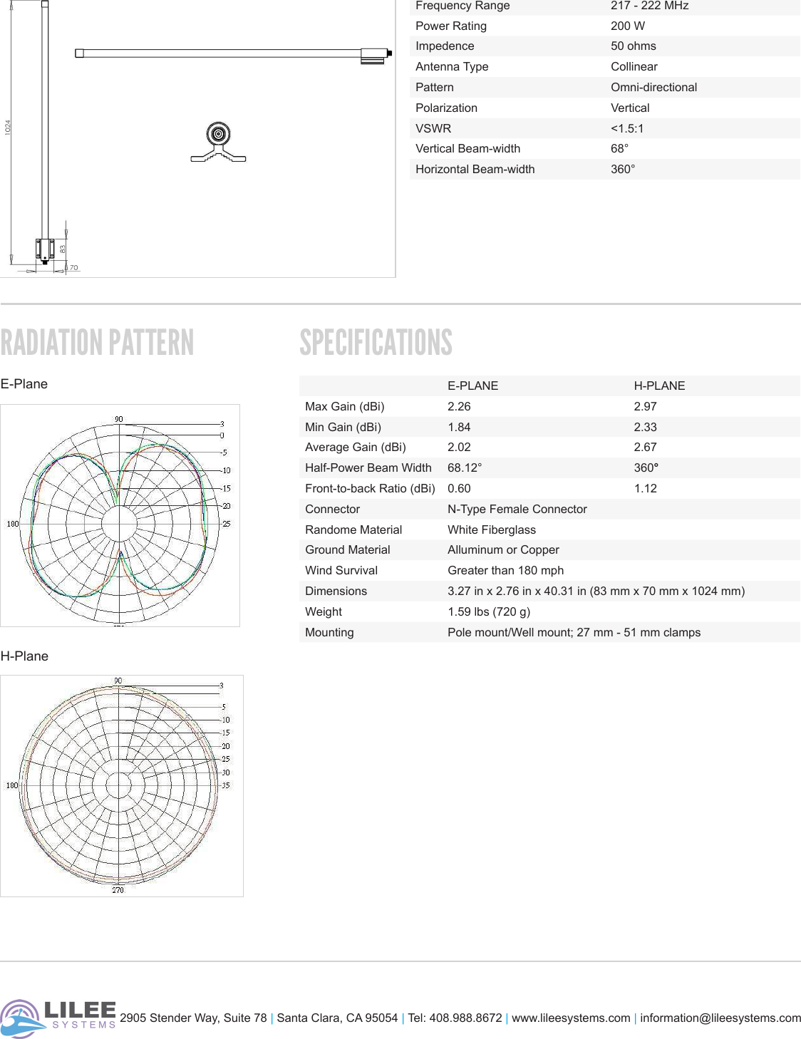 E-PlaneH-Plane2905StenderWay,Suite78|SantaClara,CA95054|Tel:408.988.8672|www.lileesystems.com|information@lileesystems.comMECHANICAL DRAWING SPECIFICATIONSRADIATION PATTERNFrequencyRange 217-222MHzPowerRating 200WImpedence 50ohmsAntennaType CollinearPattern Omni-directionalPolarization VerticalVSWR &lt;1.5:1VerticalBeam-width 68°HorizontalBeam-width 360°SPECIFICATIONSE-PLANE H-PLANEMaxGain(dBi) 2.26 2.97MinGain(dBi) 1.84 2.33AverageGain(dBi) 2.02 2.67Half-PowerBeamWidth 68.12° 360°Front-to-backRatio(dBi) 0.60 1.12Connector N-TypeFemaleConnectorRandomeMaterial WhiteFiberglassGroundMaterial AlluminumorCopperWindSurvival Greaterthan180mphDimensions 3.27inx2.76inx40.31in(83mmx70mmx1024mm)Weight 1.59lbs(720g)Mounting Polemount/Wellmount;27mm-51mmclamps