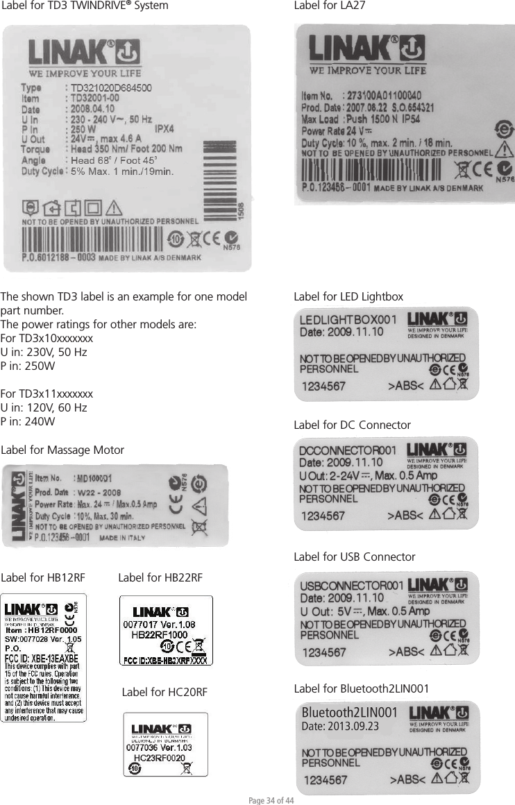 Page 34 of 44Label for TD3 TWINDRIVE® System Label for Massage MotorLabel for HB12RFLabel for LA27Label for HB22RFLabel for LED LightboxLabel for DC ConnectorLabel for USB ConnectorThe shown TD3 label is an example for one model part number.The power ratings for other models are:For TD3x10xxxxxxx U in: 230V, 50 HzP in: 250WFor TD3x11xxxxxxx U in: 120V, 60 HzP in: 240WLabel for Bluetooth2LIN001Label for HC20RF