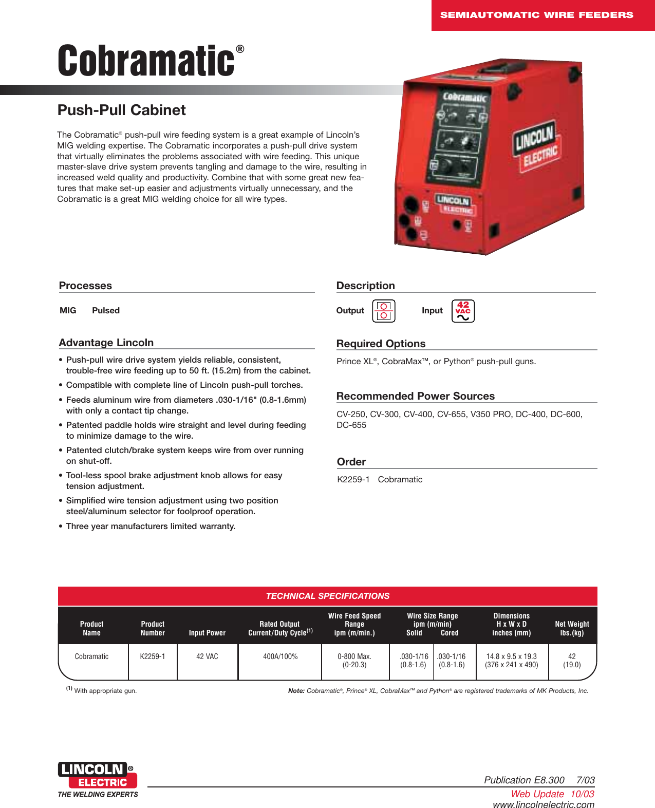 Page 1 of 2 - Lincoln-Electric Lincoln-Electric-Cobramatic-K2259-1-Users-Manual- Semiautomatic Wire Feeder  Lincoln-electric-cobramatic-k2259-1-users-manual