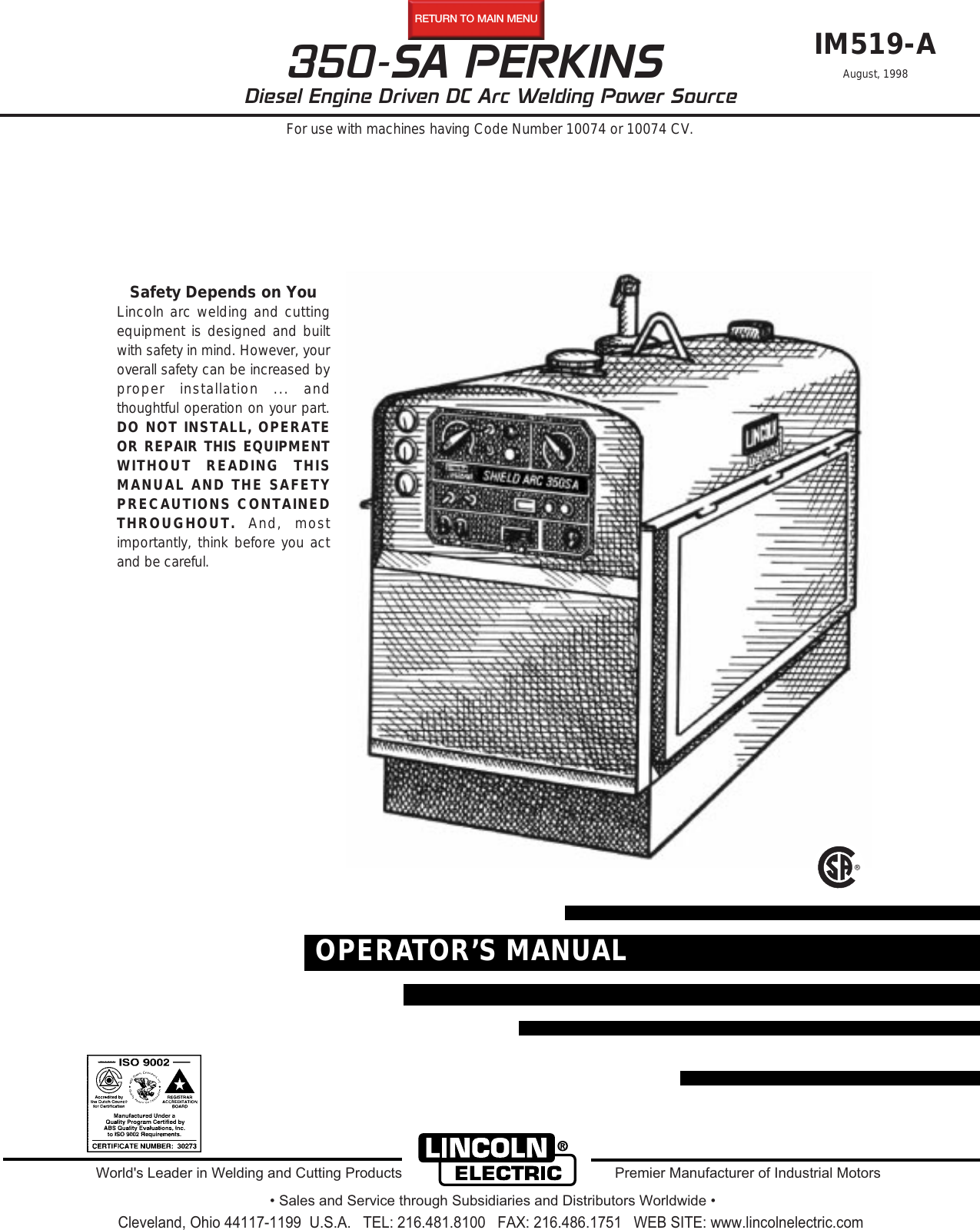 Lincoln Electric Perkins 350 Sa Users Manual Im519