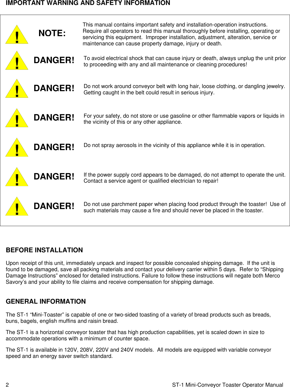 Page 2 of 8 - Lincoln Lincoln-Mini-Conveyor-Toaster-St-1-Users-Manual ST-1 Operator Manual